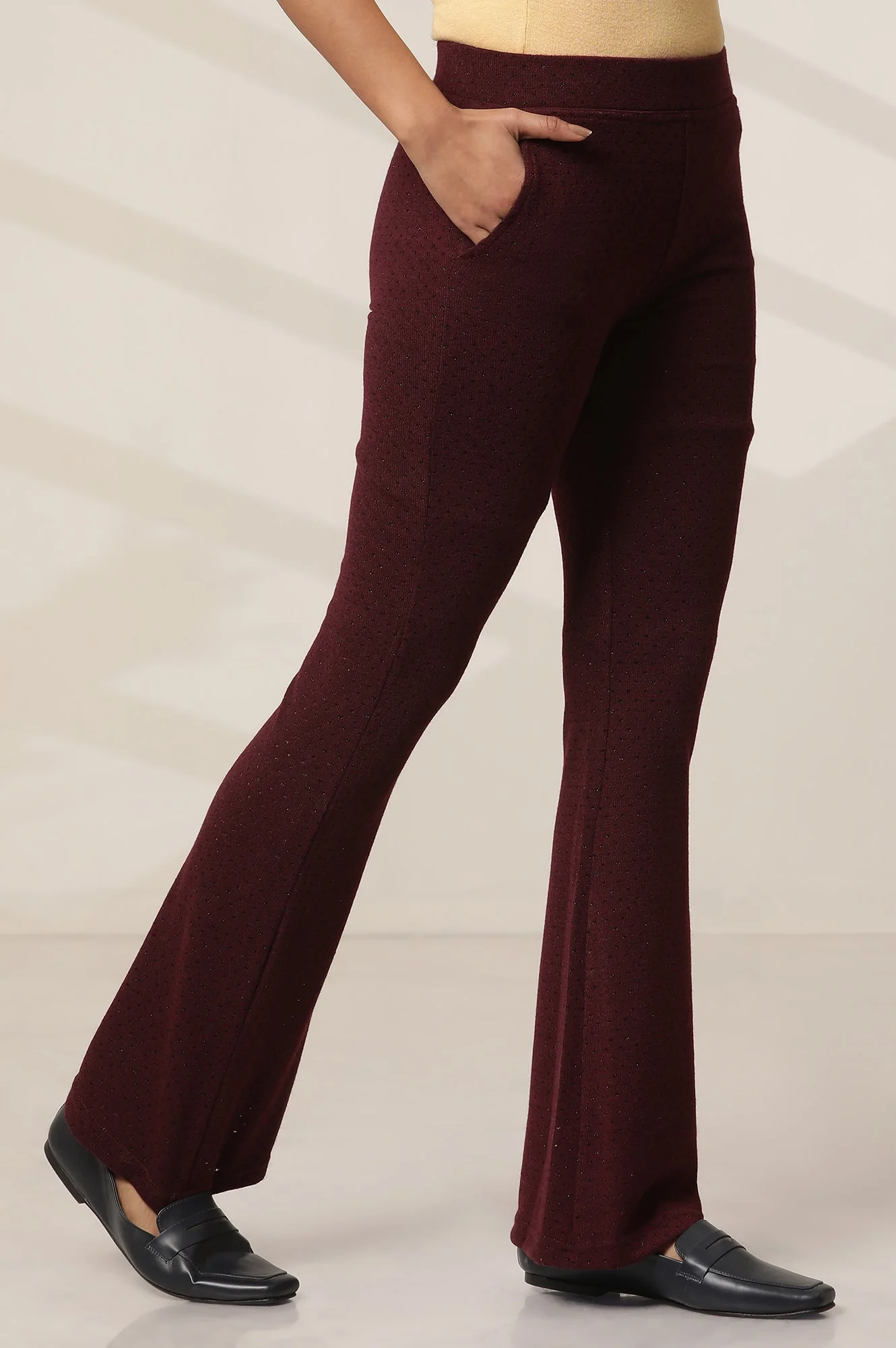 Maroon Solid Flared Knit Pants with Elasticated Waist - Image 3