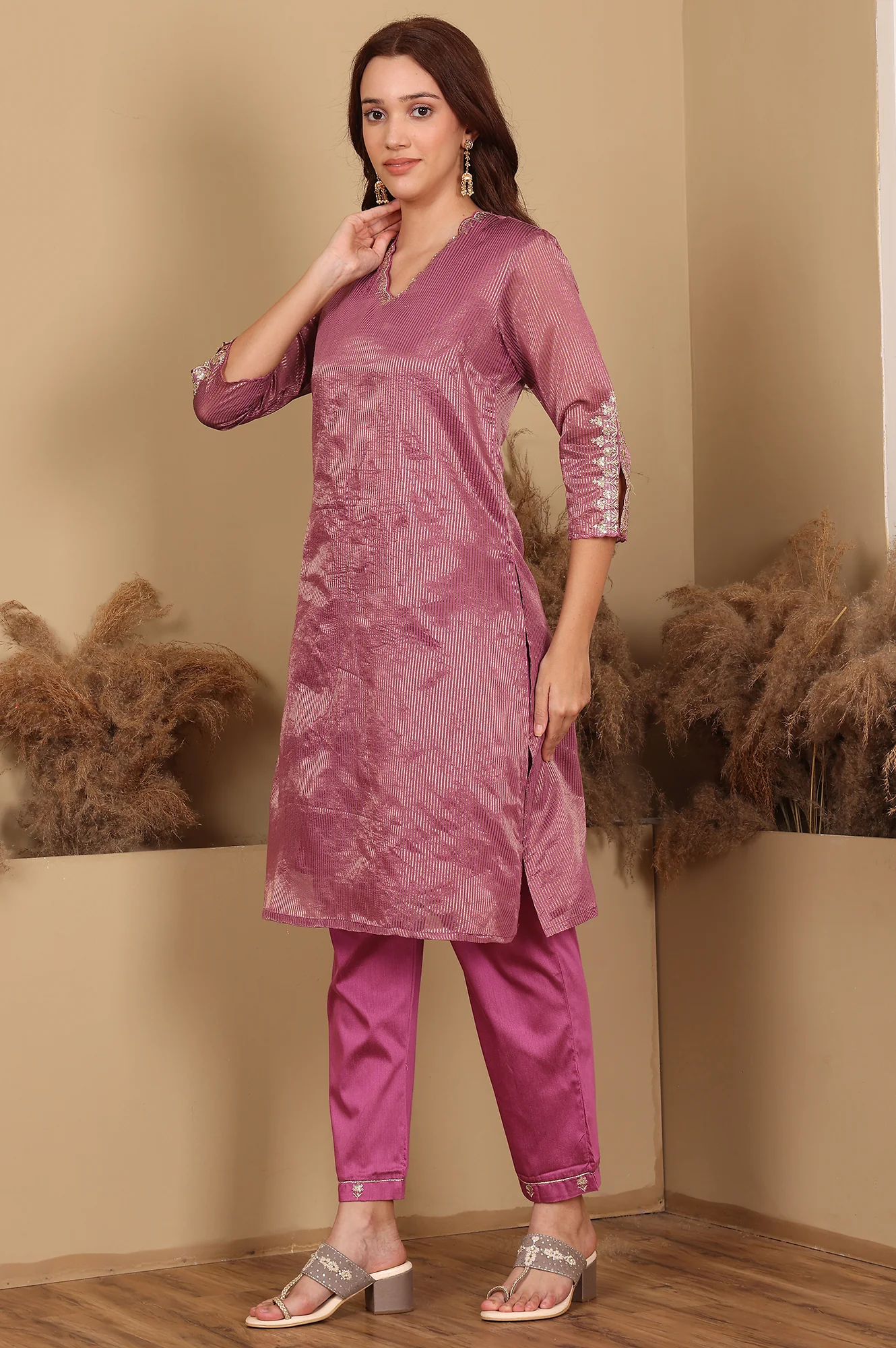 Purple Chanderi Lurex Stripe Embroidered Kurta, Pants Ad Dupatta Set - Image 6