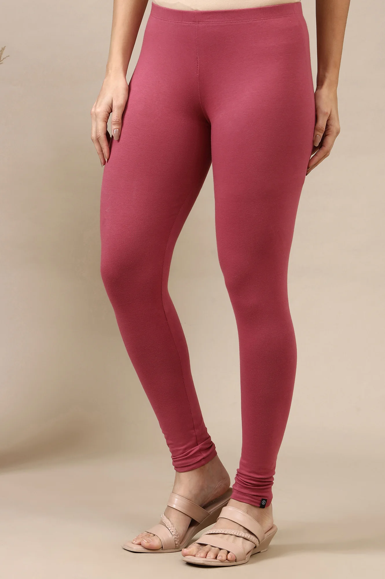 Pink Solid Skinny-fit Cotton Lycra Leggings with Slip-on Closure - Image 2