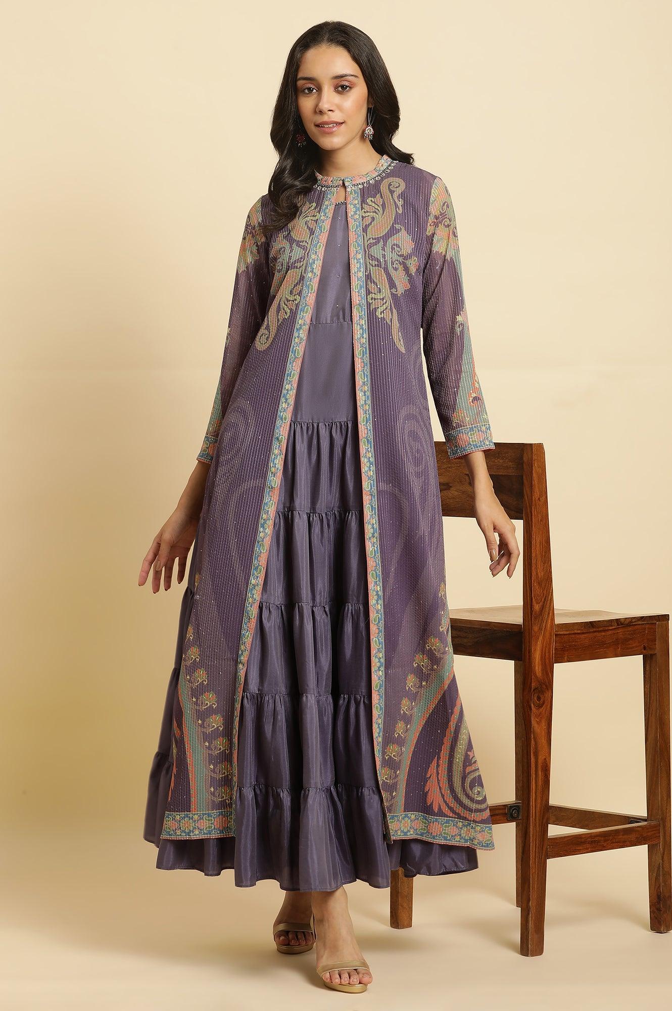 Purple Embellished Georgette Gilet And Tiered Dress - Image 2
