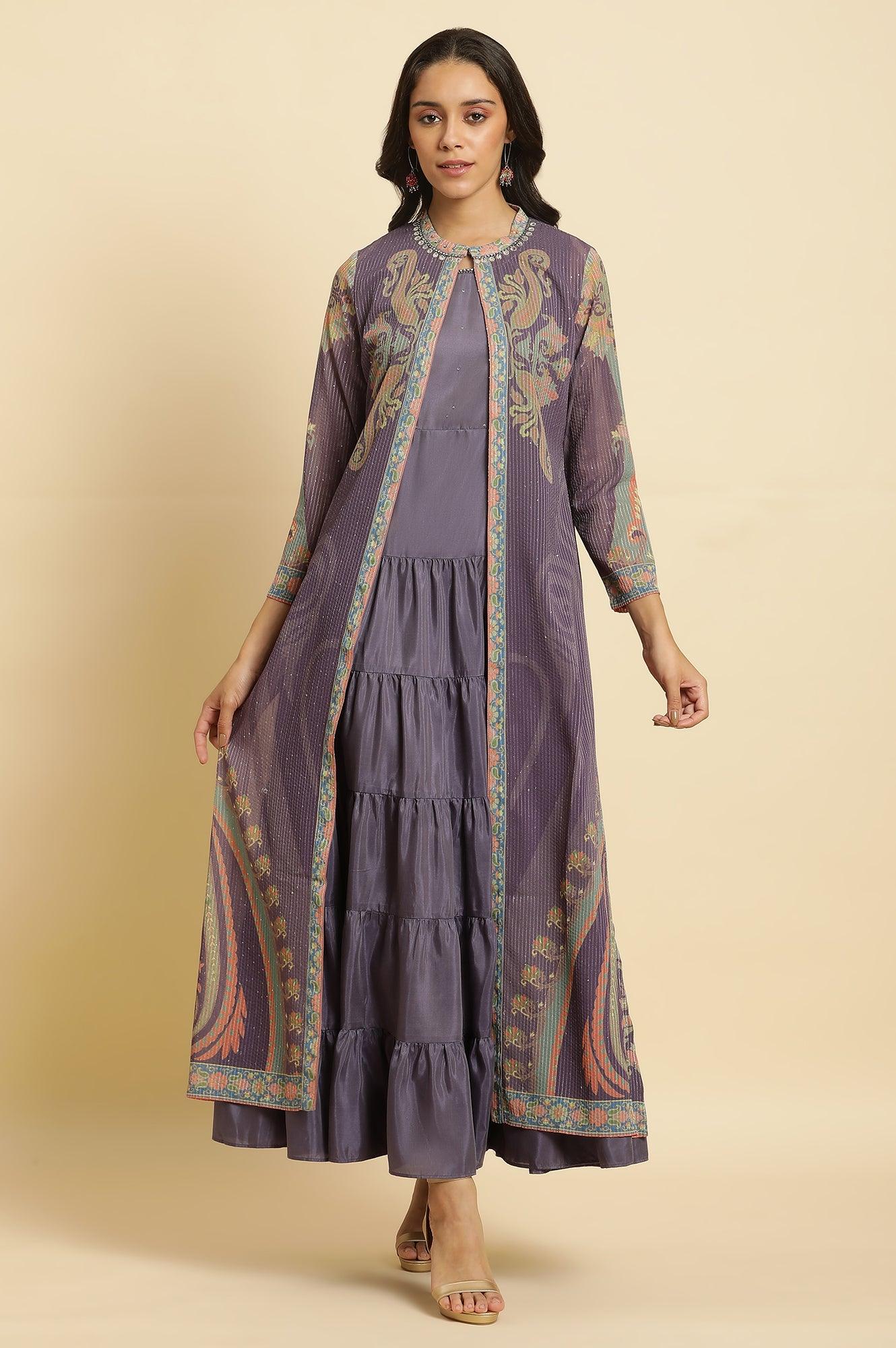Purple Embellished Georgette Gilet And Tiered Dress - Image 3