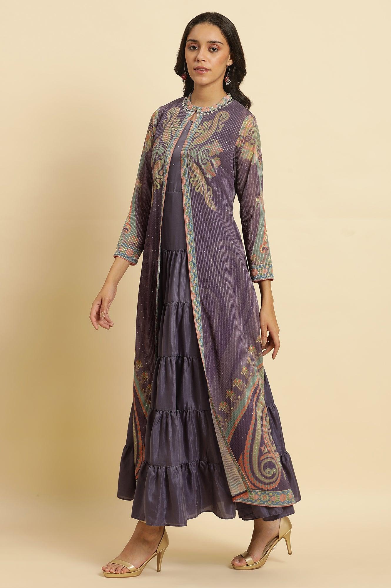 Purple Embellished Georgette Gilet And Tiered Dress - Image 4