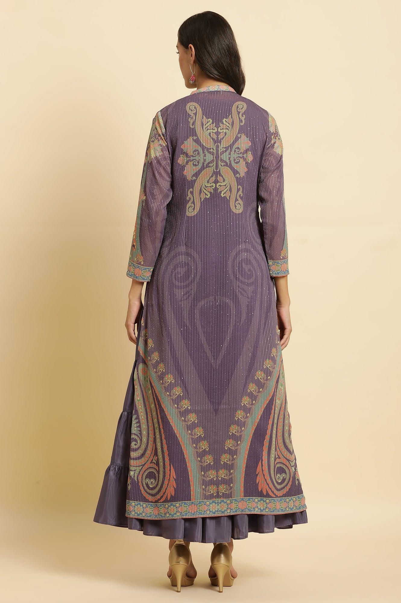 Purple Embellished Georgette Gilet And Tiered Dress - Image 5