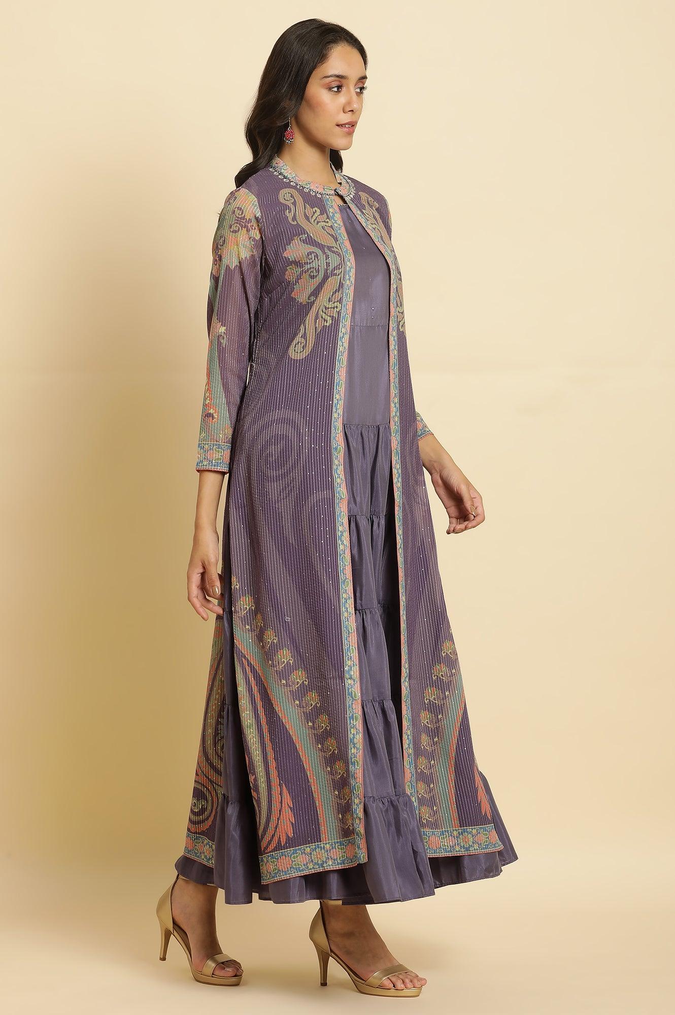Purple Embellished Georgette Gilet And Tiered Dress - Image 6