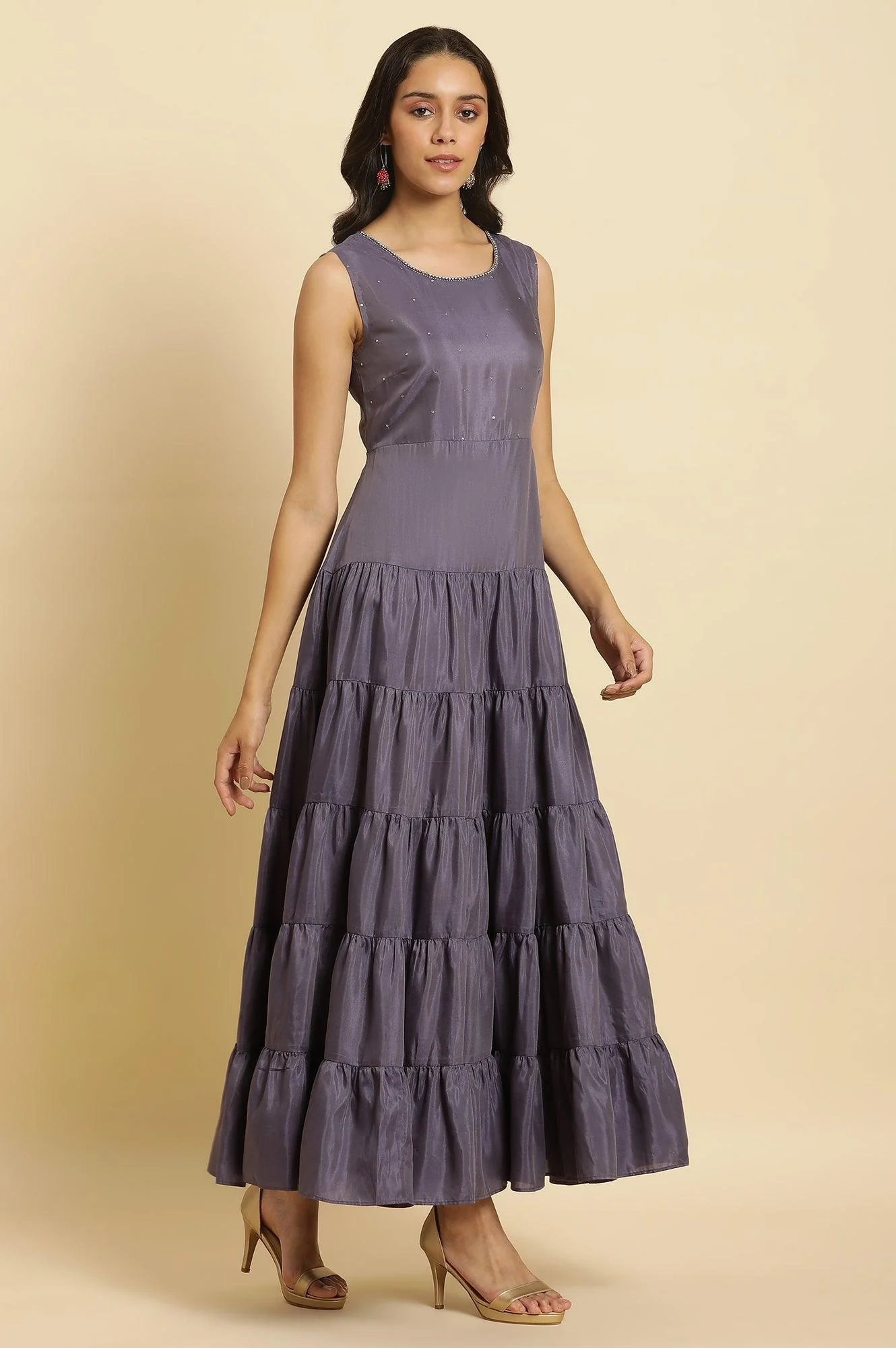 Purple Embellished Georgette Gilet And Tiered Dress - Image 7