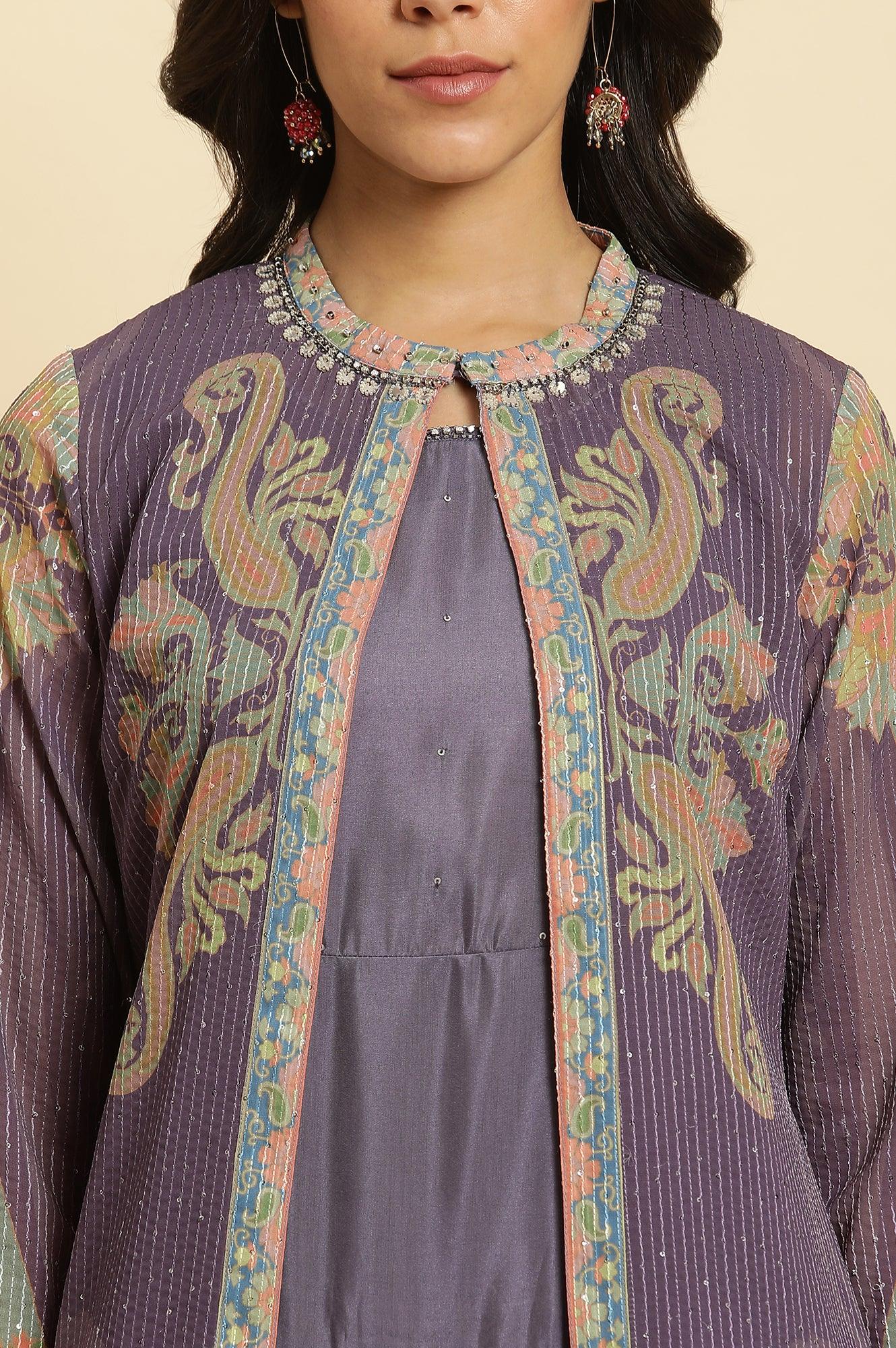 Purple Embellished Georgette Gilet And Tiered Dress - Image 8