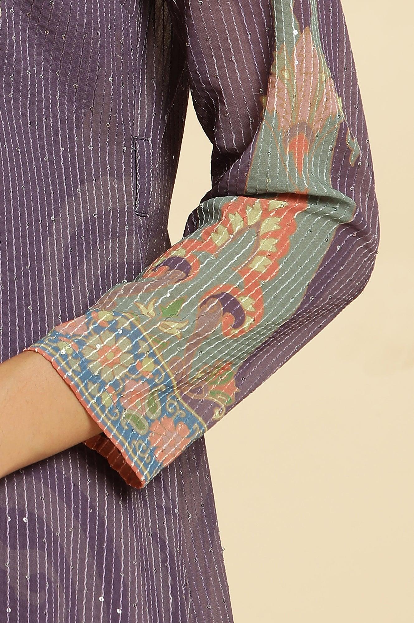 Purple Embellished Georgette Gilet And Tiered Dress - Image 9
