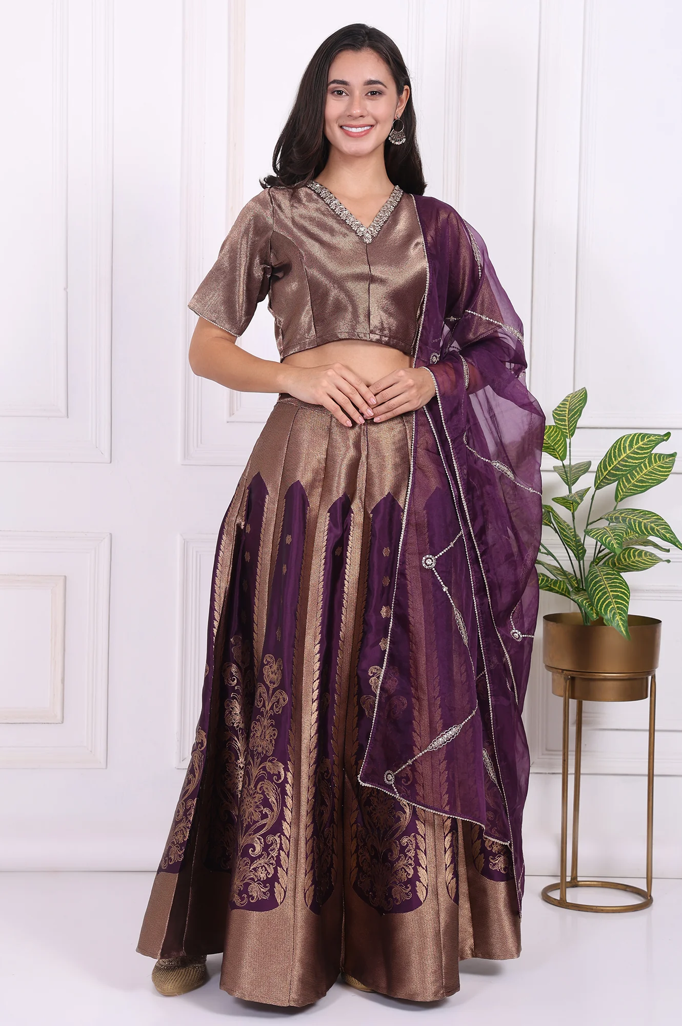 Purple Embellished Jacquard Straight Crop Top, Skirt and Dupatta Set - Image 2