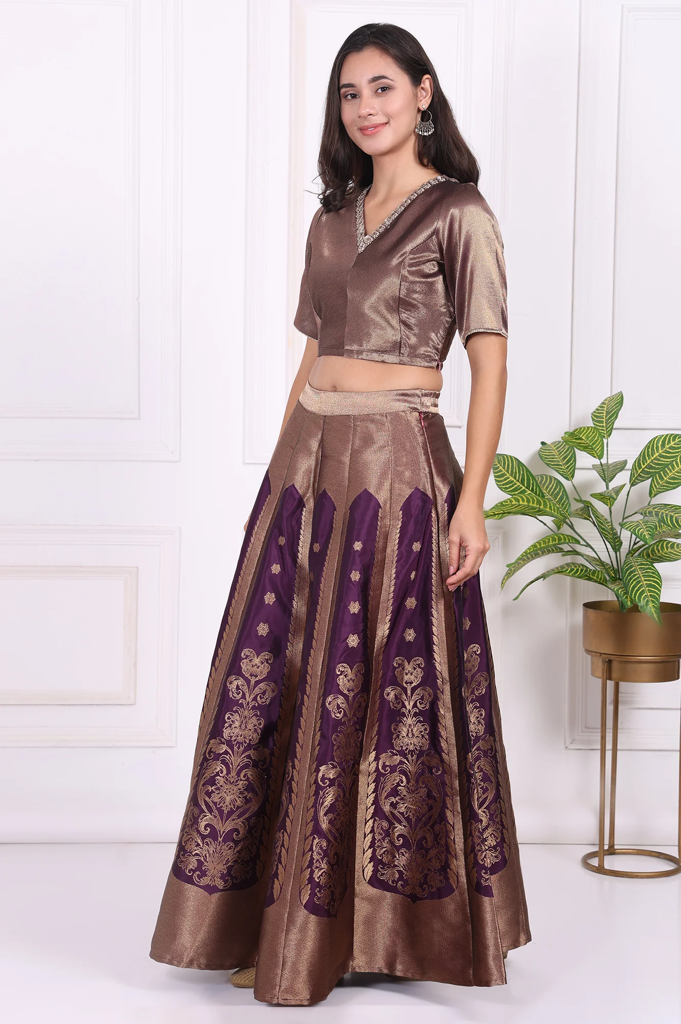 Purple Embellished Jacquard Straight Crop Top, Skirt and Dupatta Set - Image 4