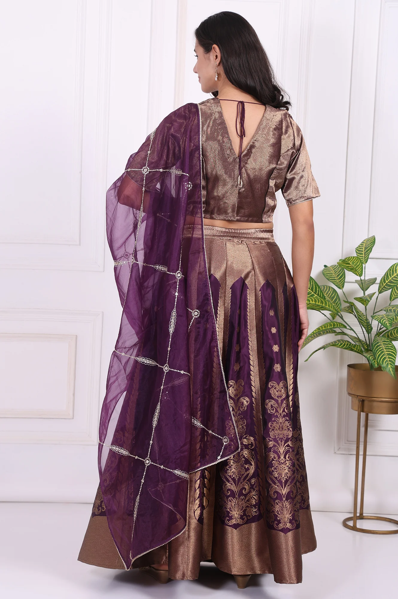 Purple Embellished Jacquard Straight Crop Top, Skirt and Dupatta Set - Image 5