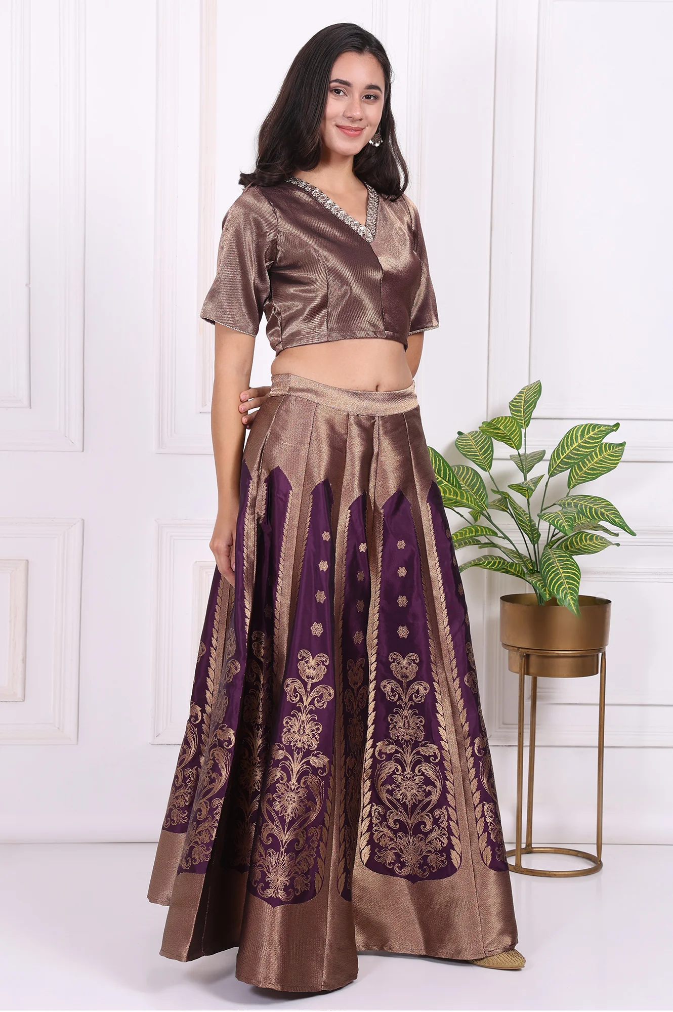 Purple Embellished Jacquard Straight Crop Top, Skirt and Dupatta Set - Image 6