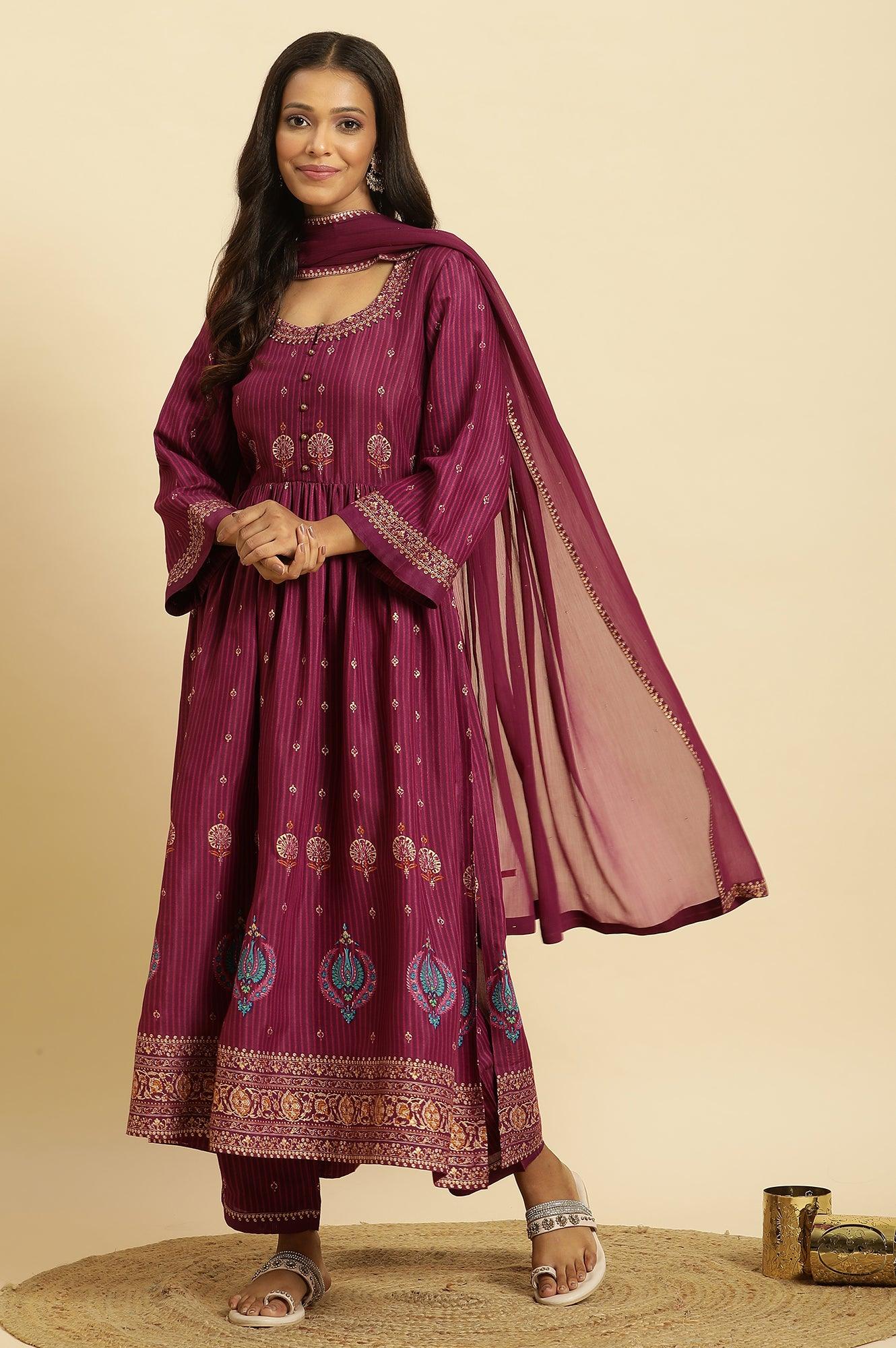 Purple Embellished Kurta, Pants And Dupatta Set - Image 3