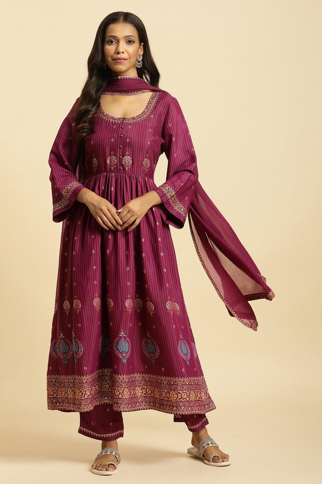 Purple Embellished Kurta, Pants And Dupatta Set - Image 4