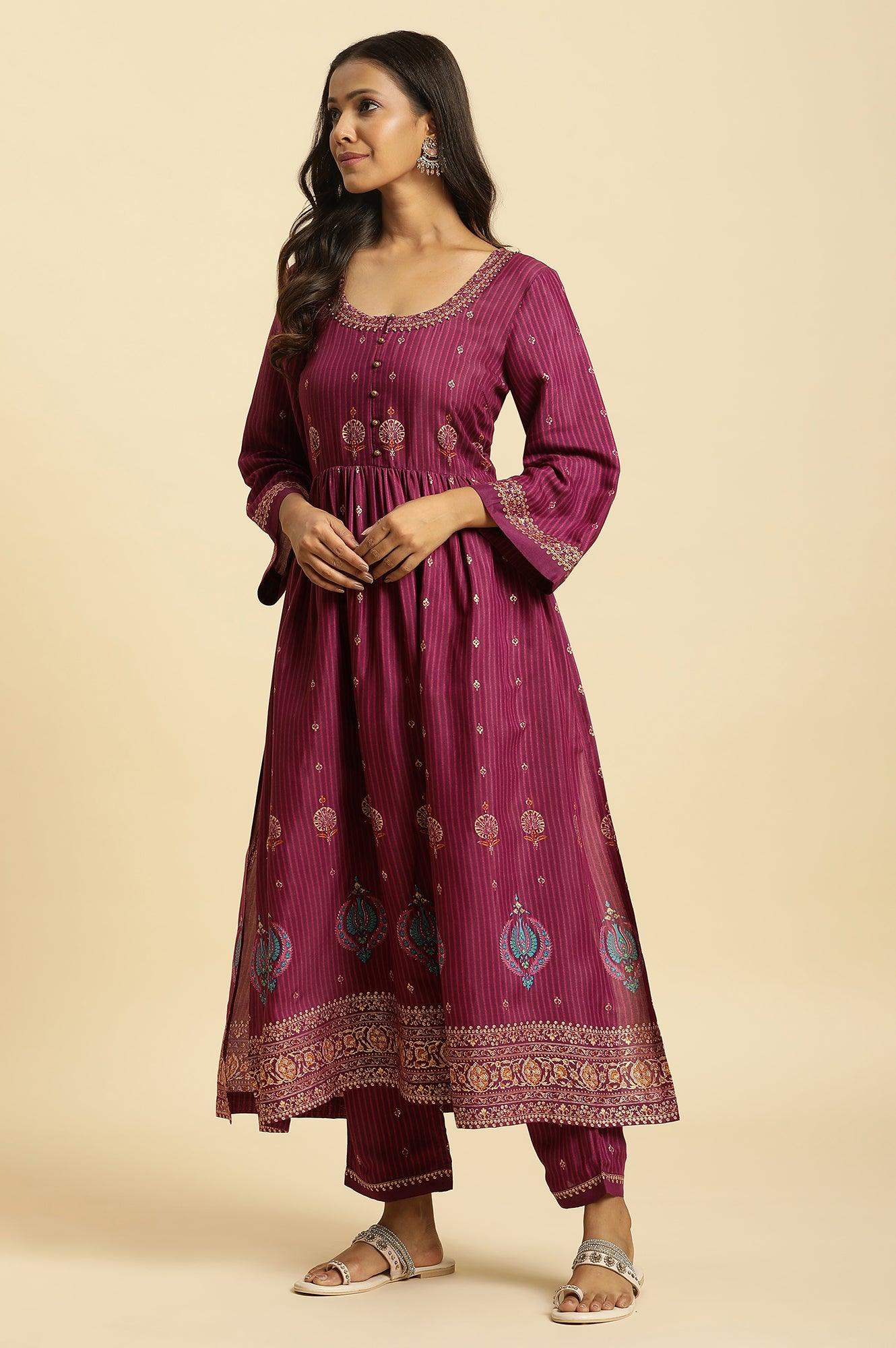 Purple Embellished Kurta, Pants And Dupatta Set - Image 5