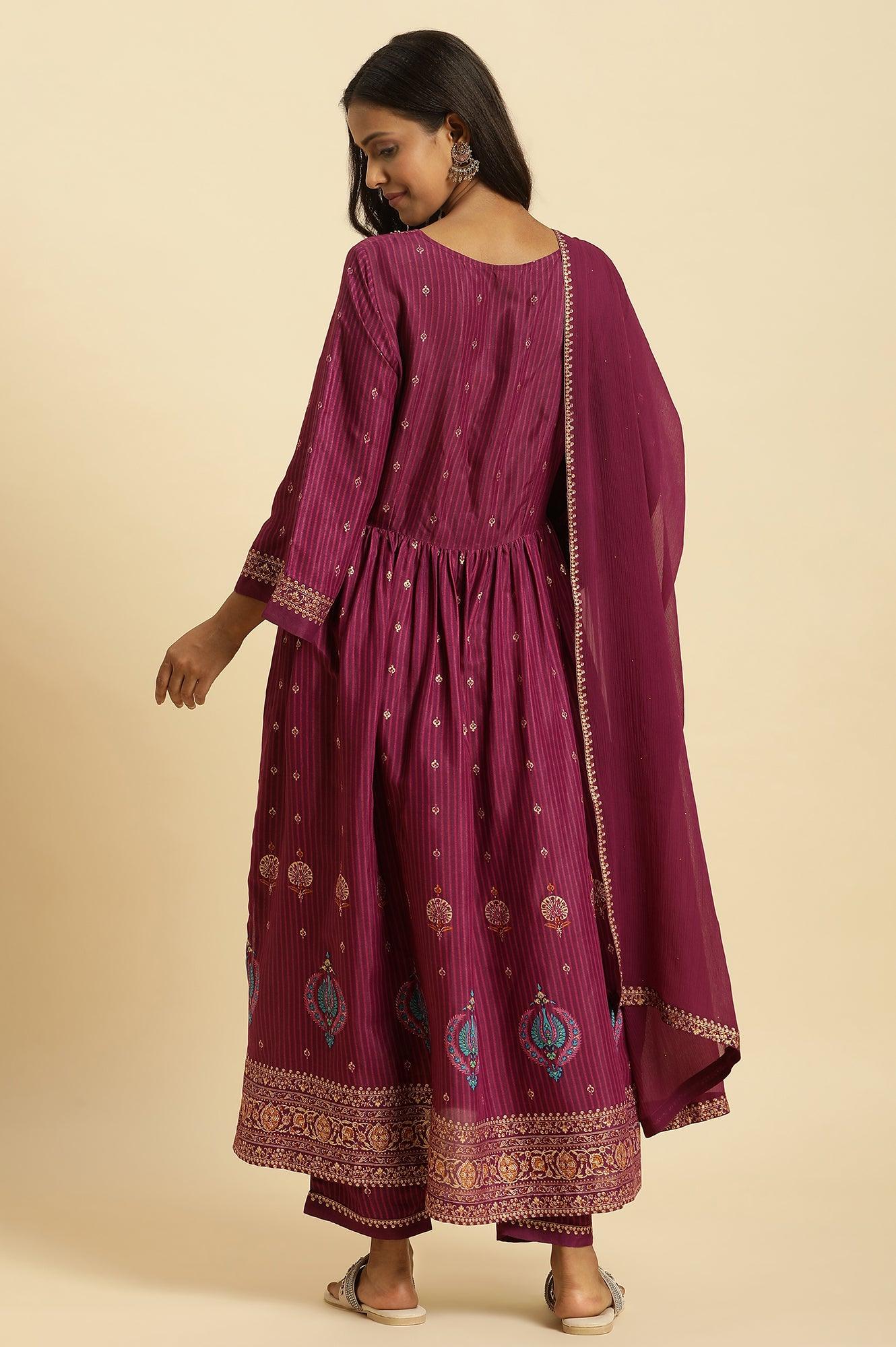 Purple Embellished Kurta, Pants And Dupatta Set - Image 6