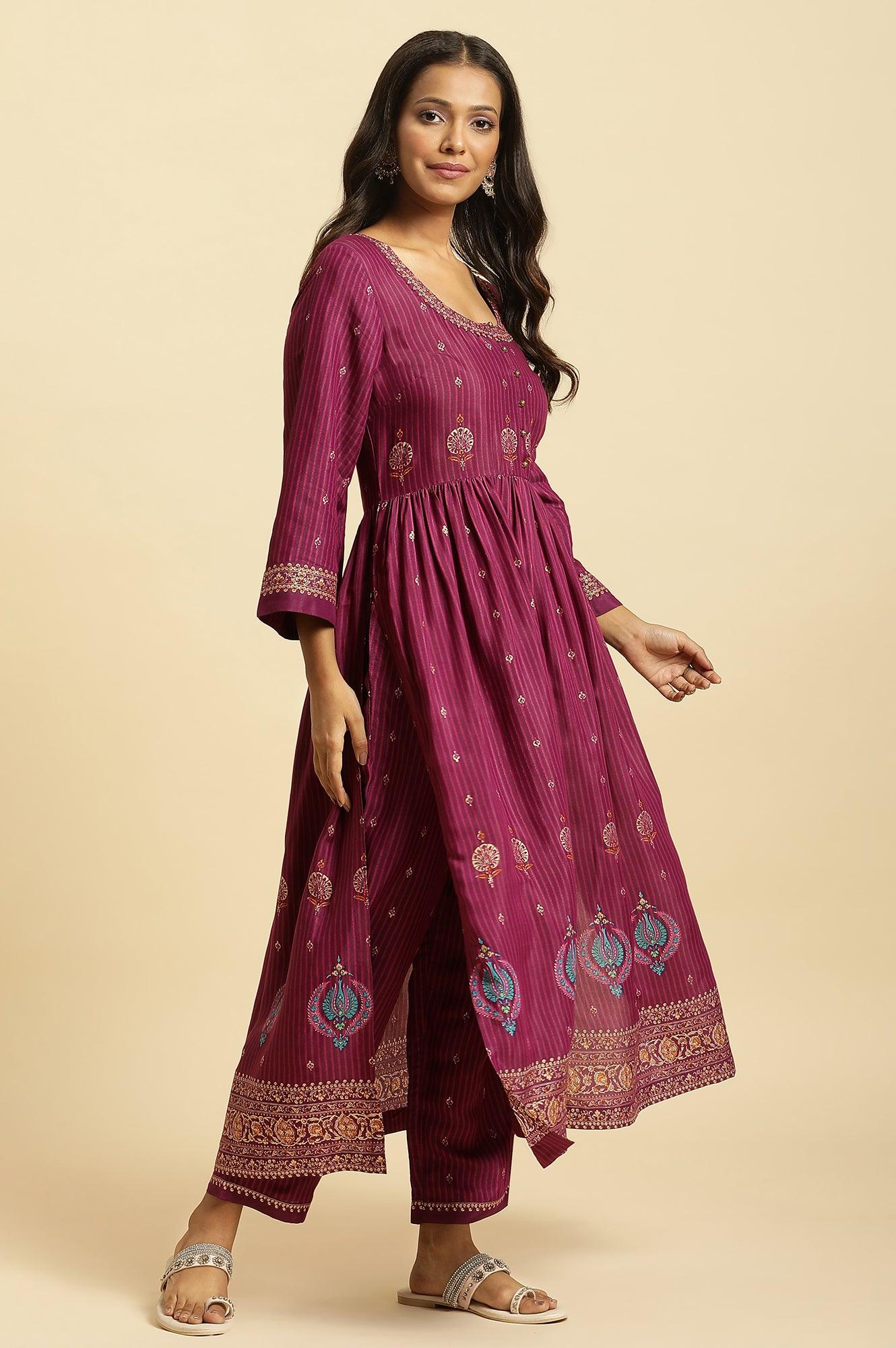 Purple Embellished Kurta, Pants And Dupatta Set - Image 7