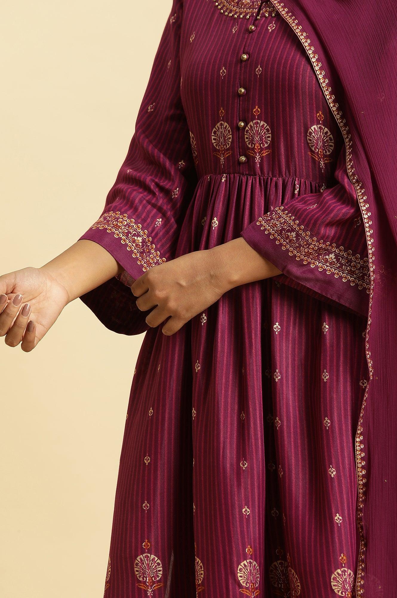 Purple Embellished Kurta, Pants And Dupatta Set - Image 9