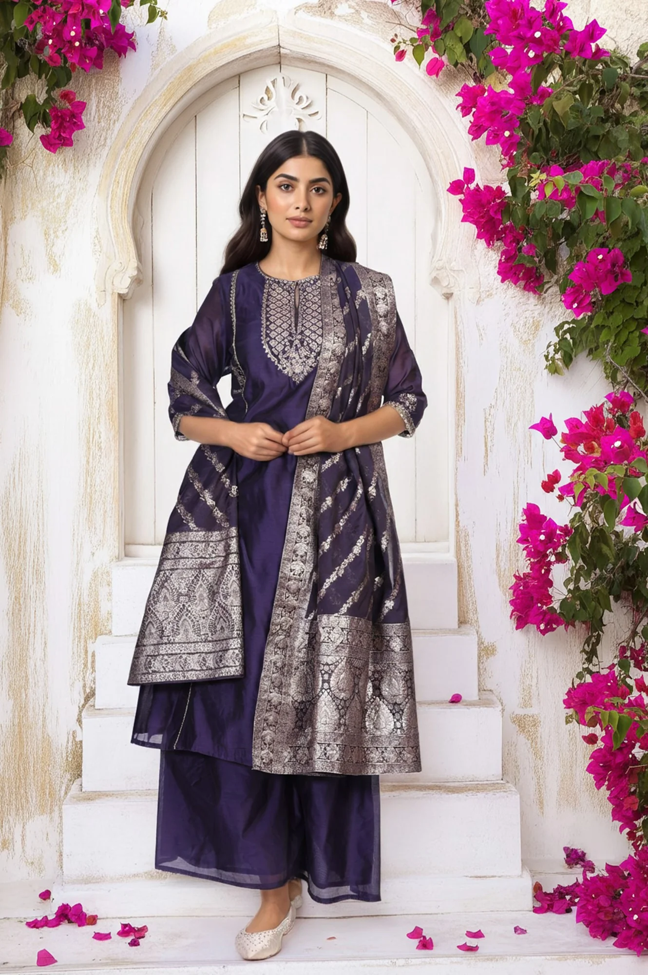 Purple Embroidered A-Line Chanderi Kurta with Flared Pant and Dupatta Set - Image 2