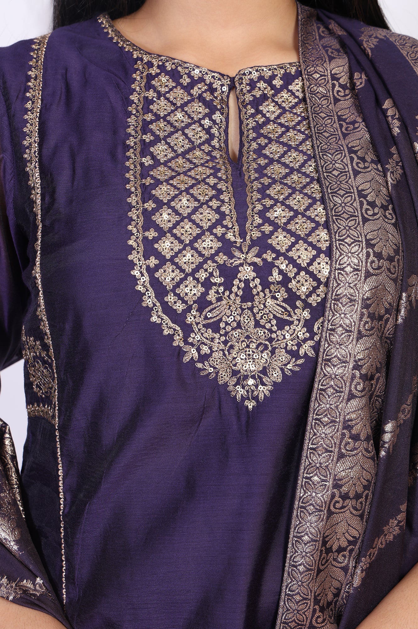 Purple Embroidered A-Line Chanderi Kurta with Flared Pant and Dupatta Set - Image 3