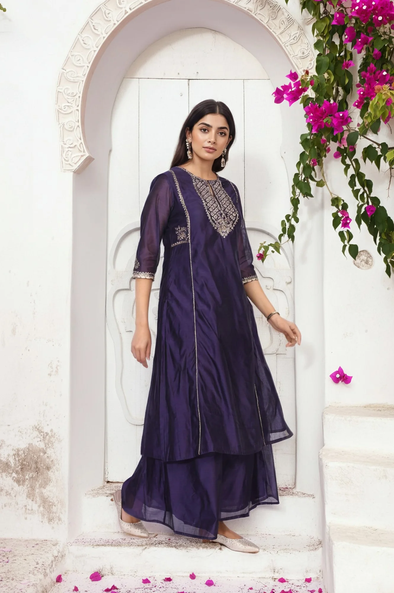 Purple Embroidered A-Line Chanderi Kurta with Flared Pant and Dupatta Set - Image 4