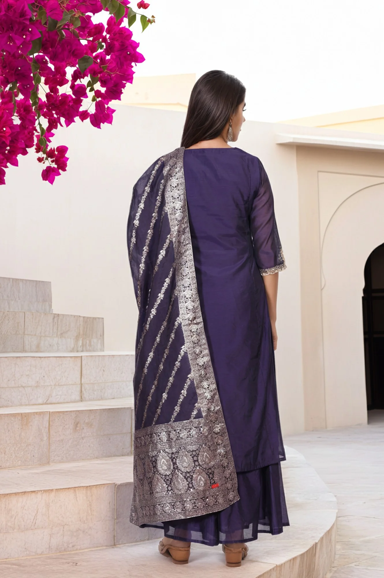 Purple Embroidered A-Line Chanderi Kurta with Flared Pant and Dupatta Set - Image 5