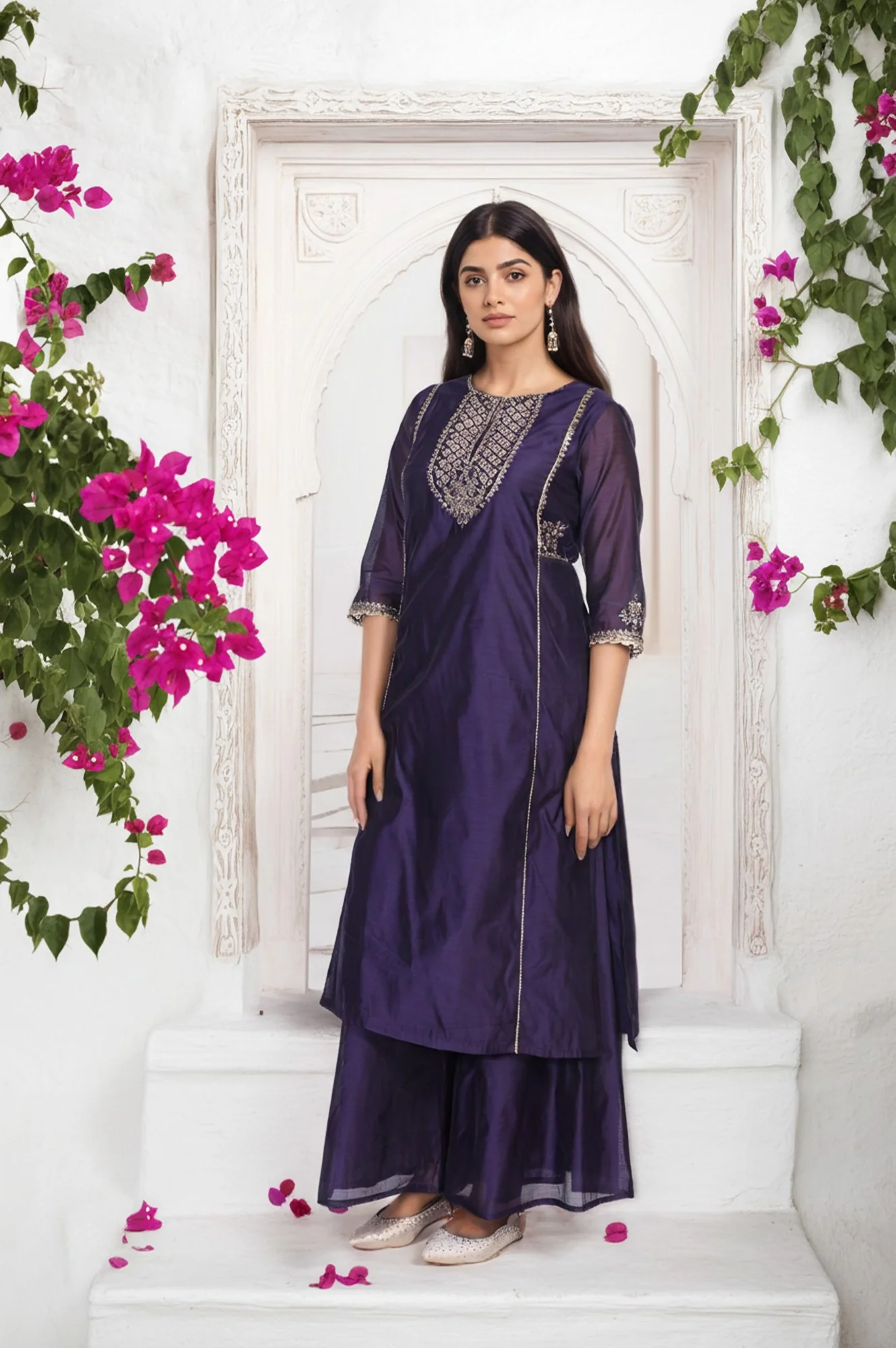 Purple Embroidered A-Line Chanderi Kurta with Flared Pant and Dupatta Set - Image 6