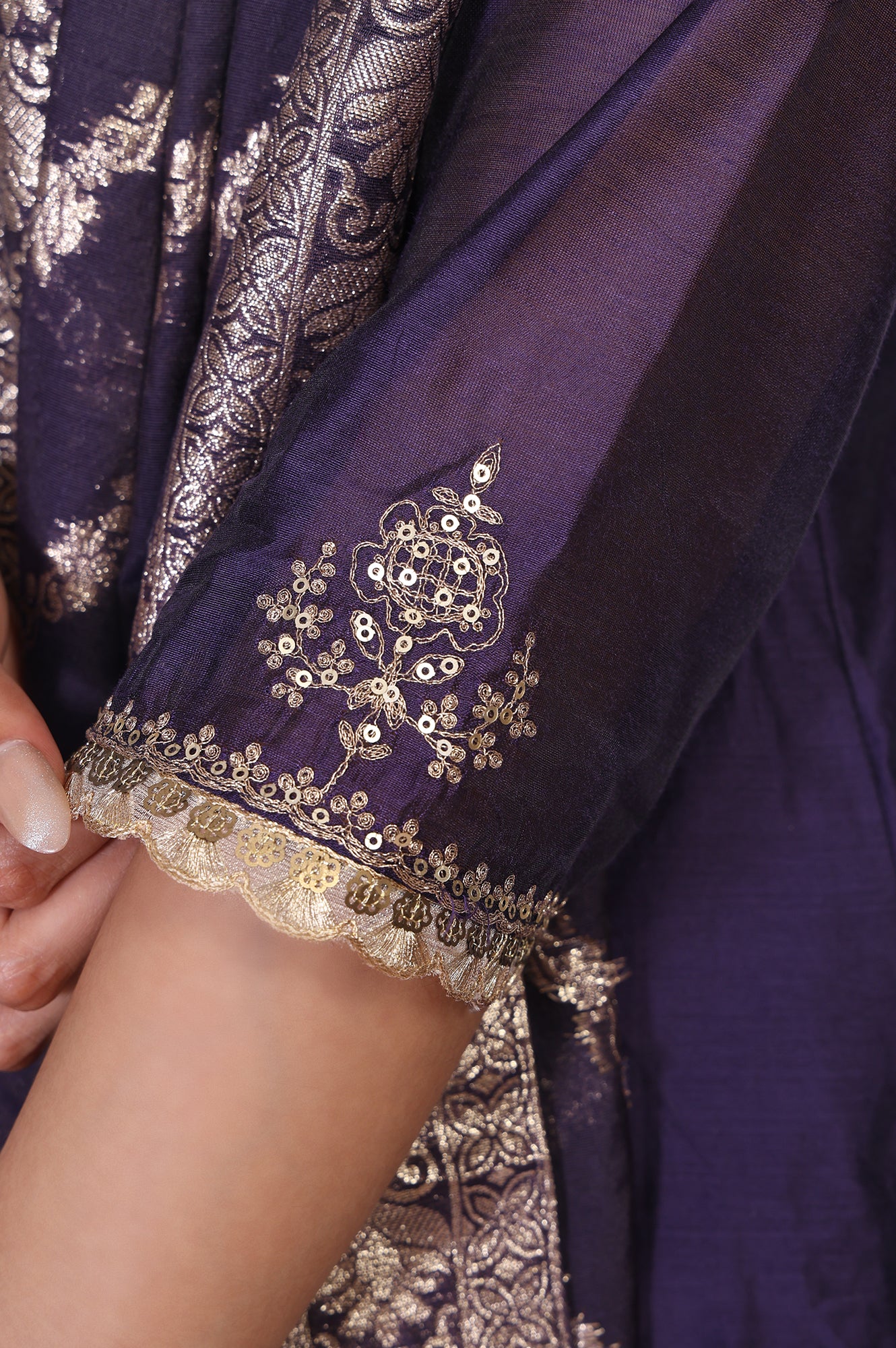 Purple Embroidered A-Line Chanderi Kurta with Flared Pant and Dupatta Set - Image 7