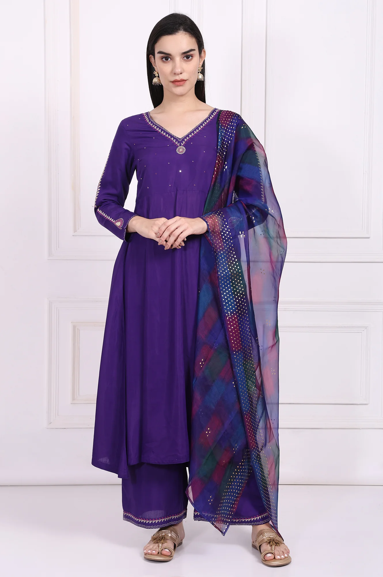 Purple Embroidered Anarkali Kurta with Parallel Pant and Dupatta Set - Image 2