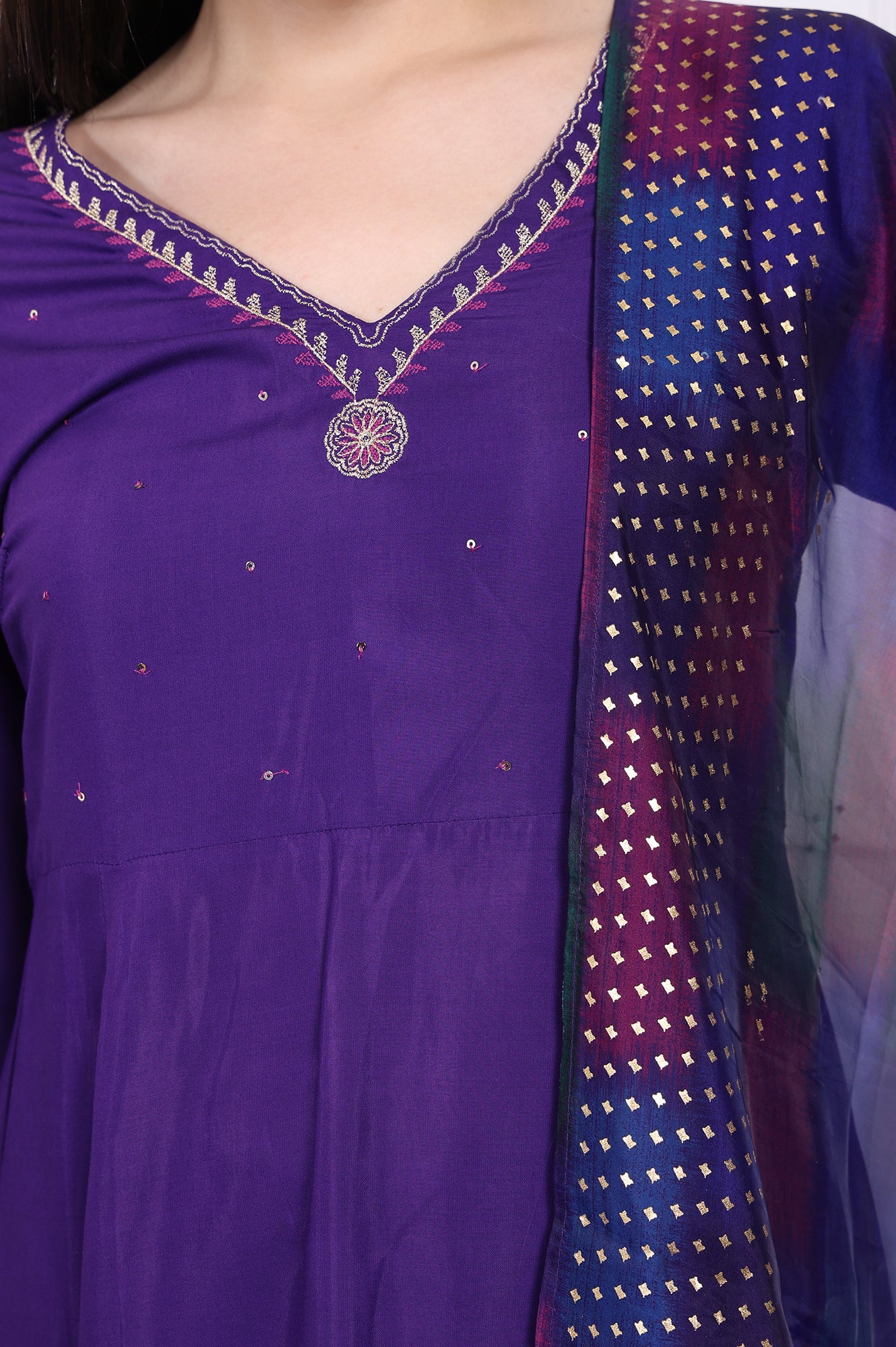 Purple Embroidered Anarkali Kurta with Parallel Pant and Dupatta Set - Image 3