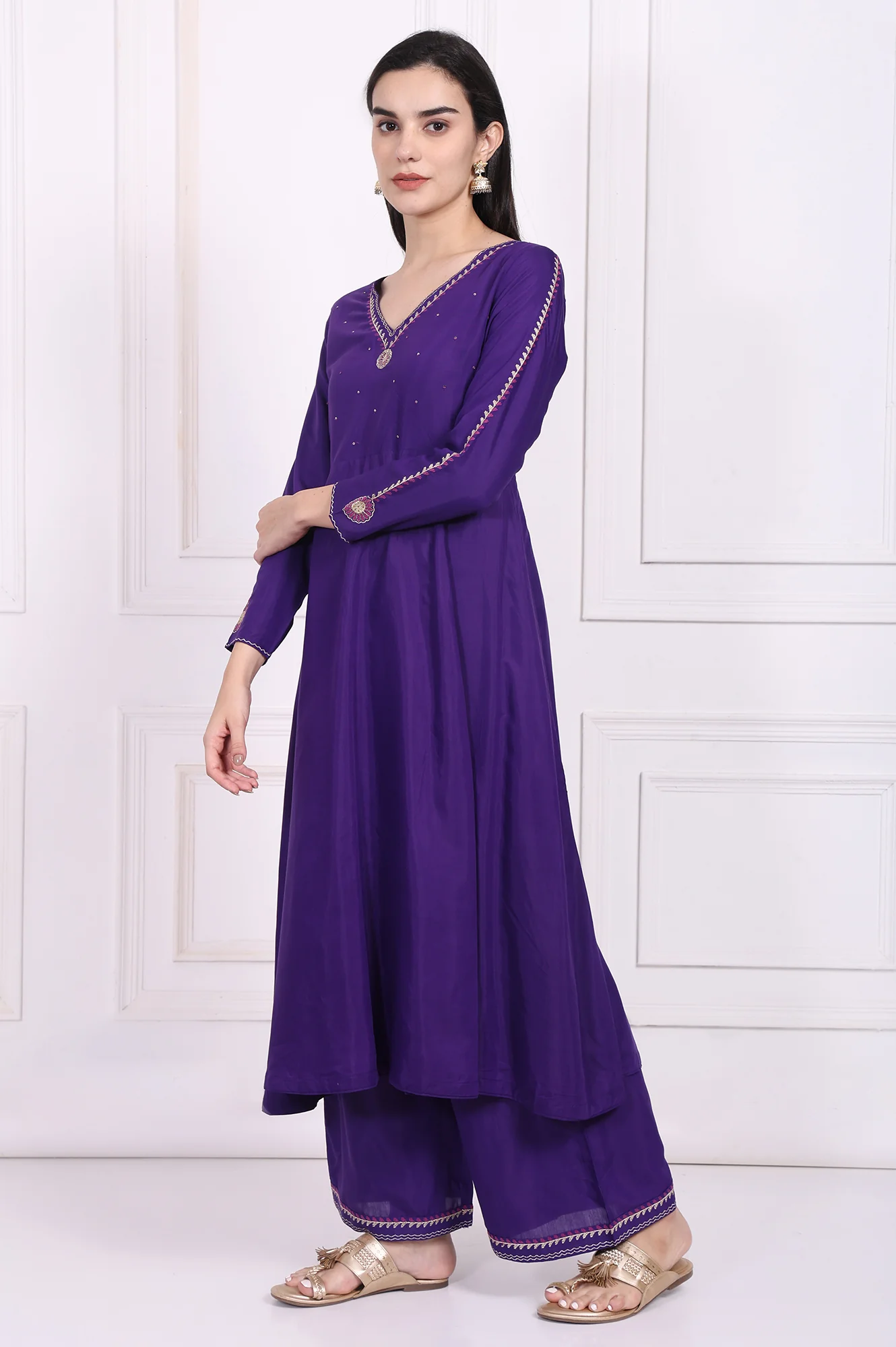 Purple Embroidered Anarkali Kurta with Parallel Pant and Dupatta Set - Image 4