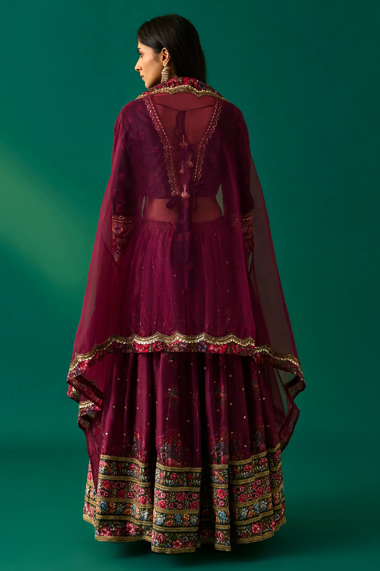 Purple Floral Embroidered Winter Velvet Blouse with Skirt and Dupatta Set - Image 4
