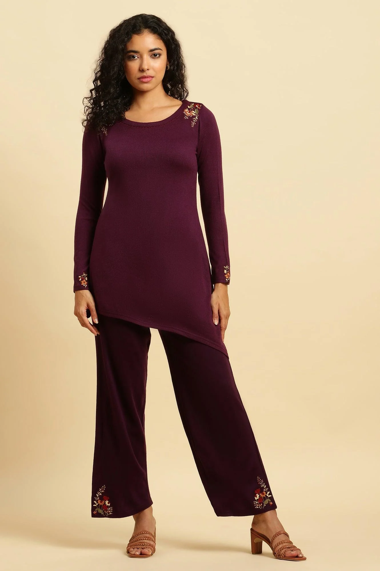Purple Embroidered Asymmetrical Winter Kurta And Pants Set - Image 2