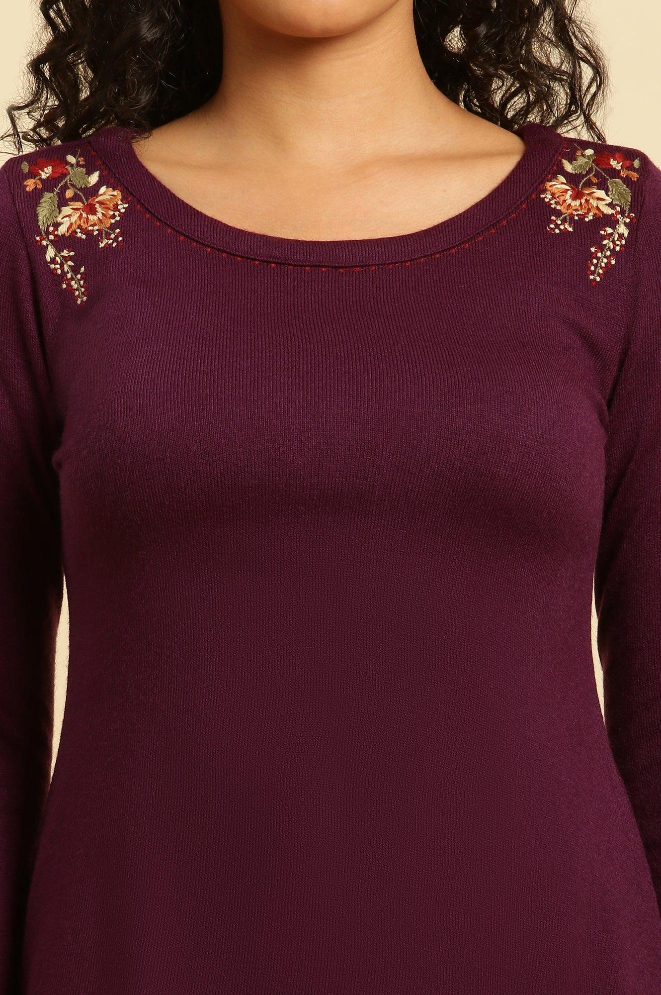 Purple Embroidered Asymmetrical Winter Kurta And Pants Set - Image 6
