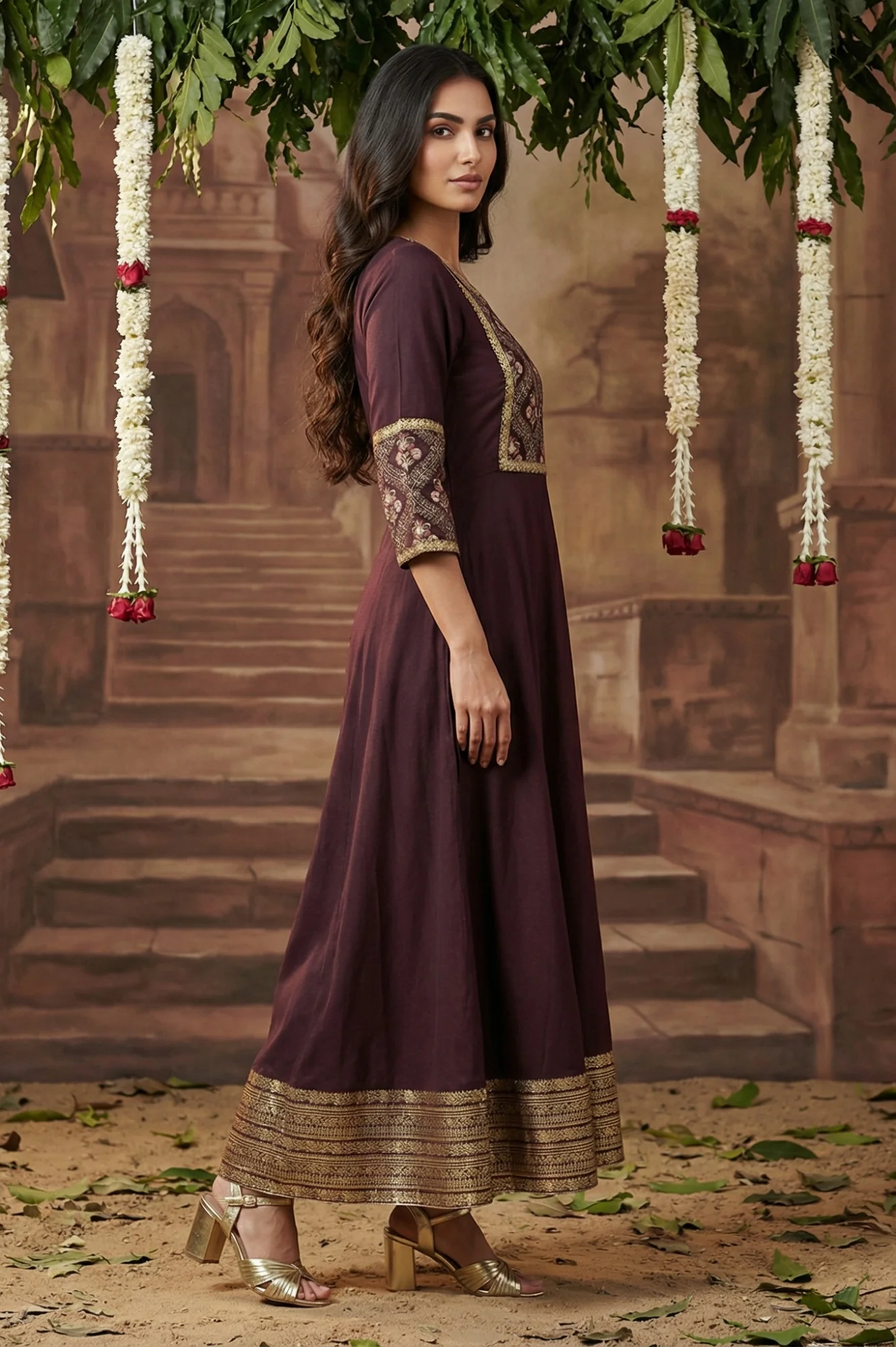 Purple Embroidered Festive Panelled Dress - Image 6
