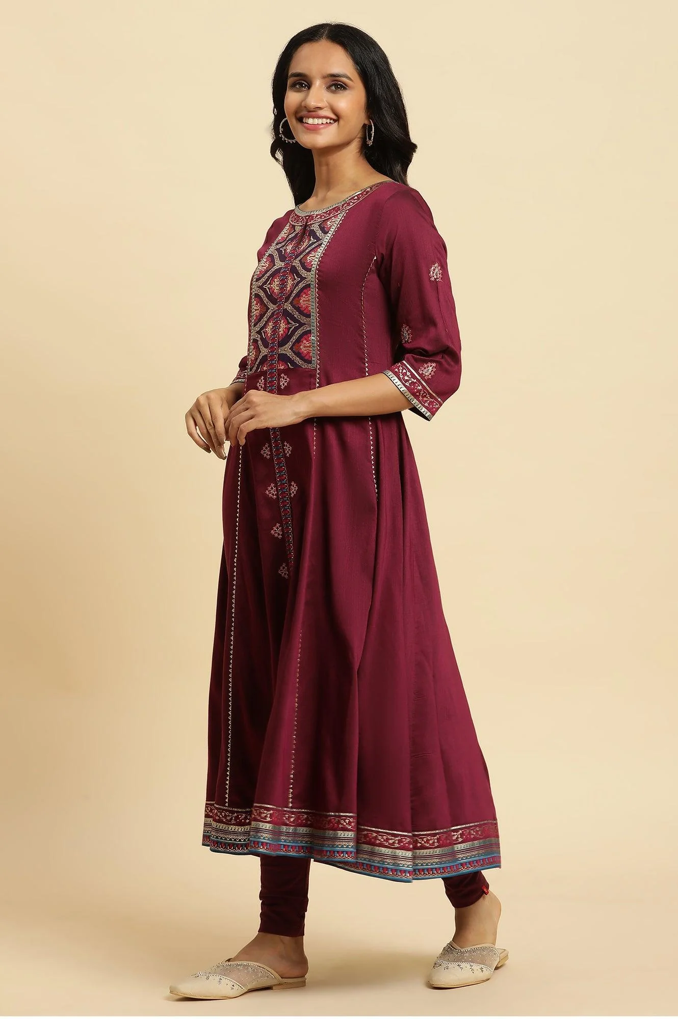 Purple Embroidered Flared Kurta - Image 3