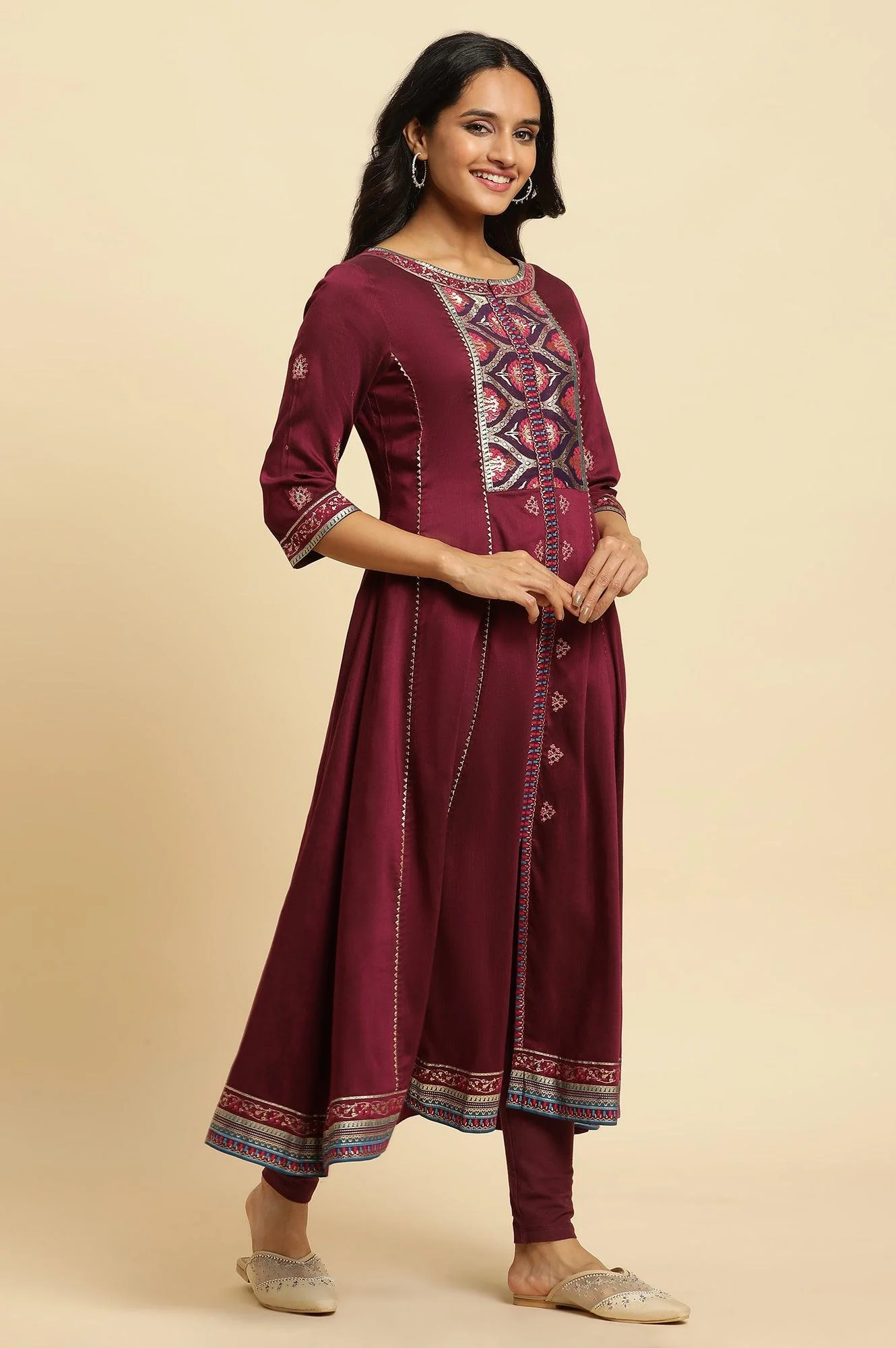 Purple Embroidered Flared Kurta - Image 5