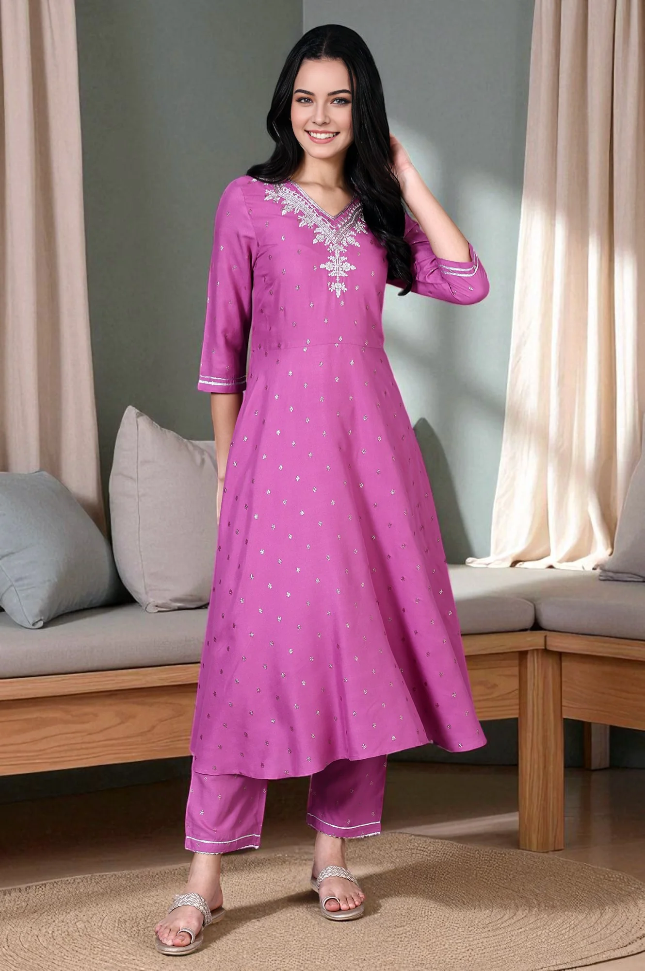 Purple Embroidered Glitter Printed Rayon Flared Kurta and Pants Co-ord Set