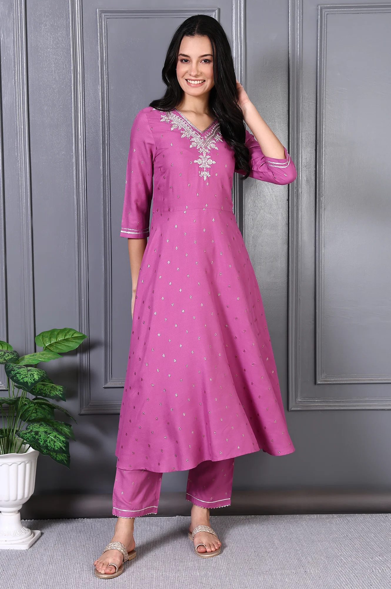 Purple Embroidered Glitter Printed Rayon Flared Kurta and Pants Co-ord Set - Image 2