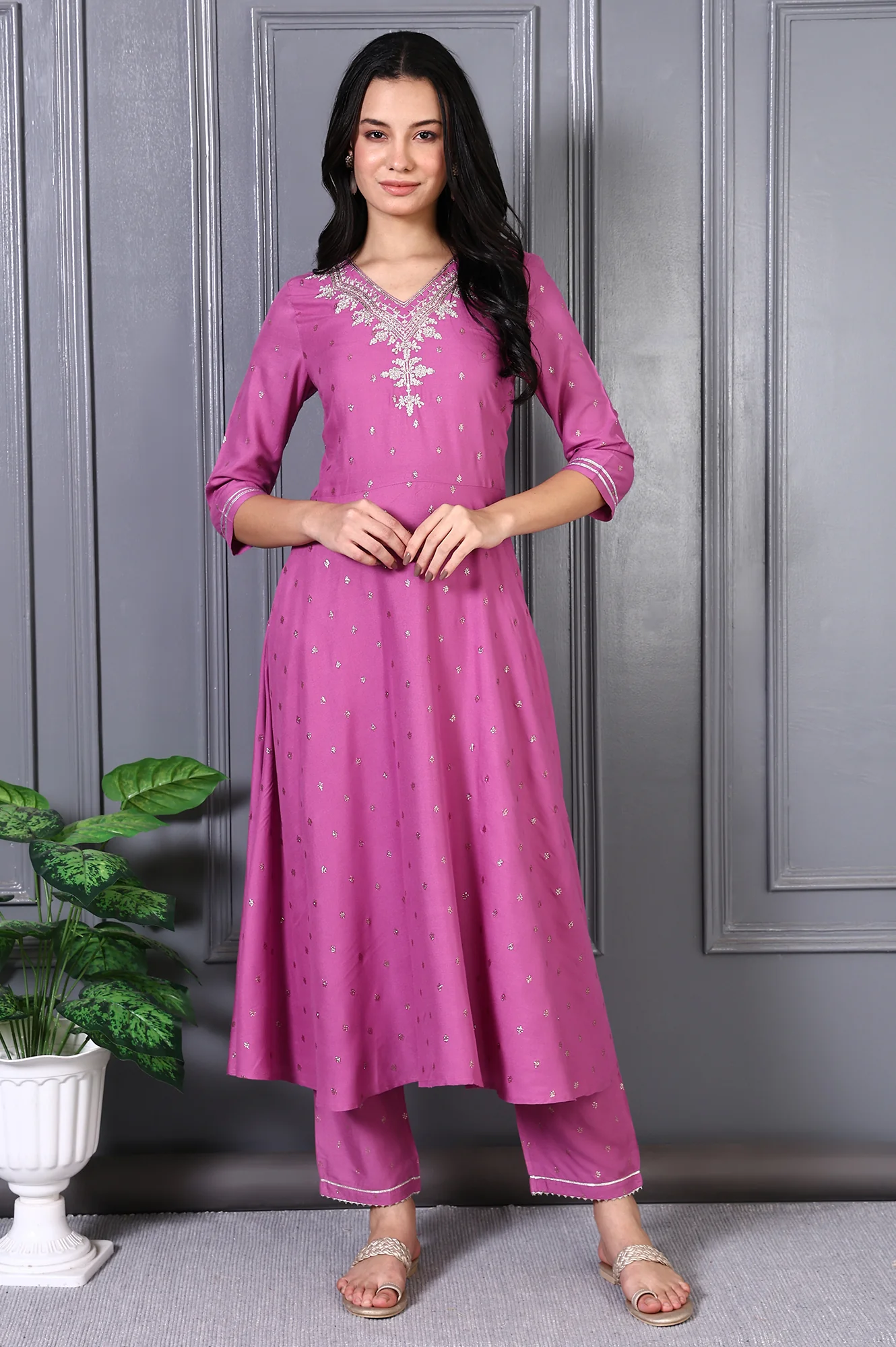 Purple Embroidered Glitter Printed Rayon Flared Kurta and Pants Co-ord Set - Image 3