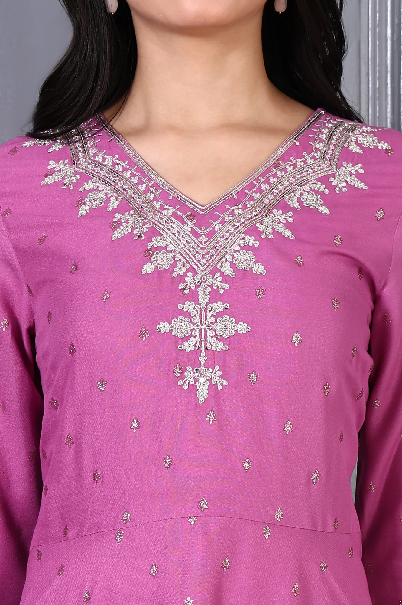 Purple Embroidered Glitter Printed Rayon Flared Kurta and Pants Co-ord Set - Image 4