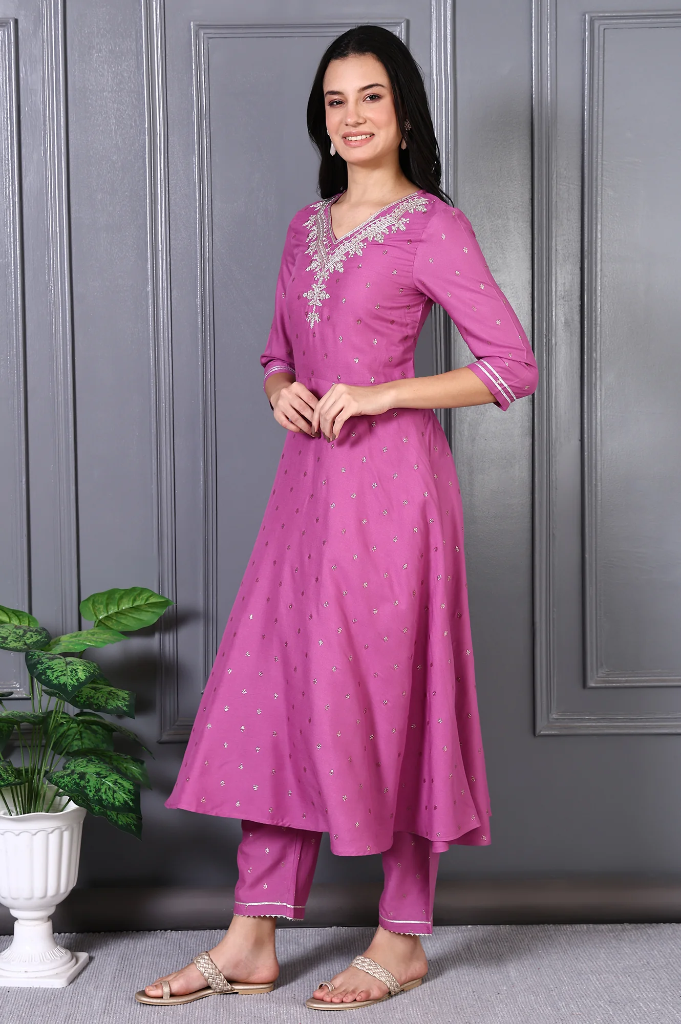 Purple Embroidered Glitter Printed Rayon Flared Kurta and Pants Co-ord Set - Image 5
