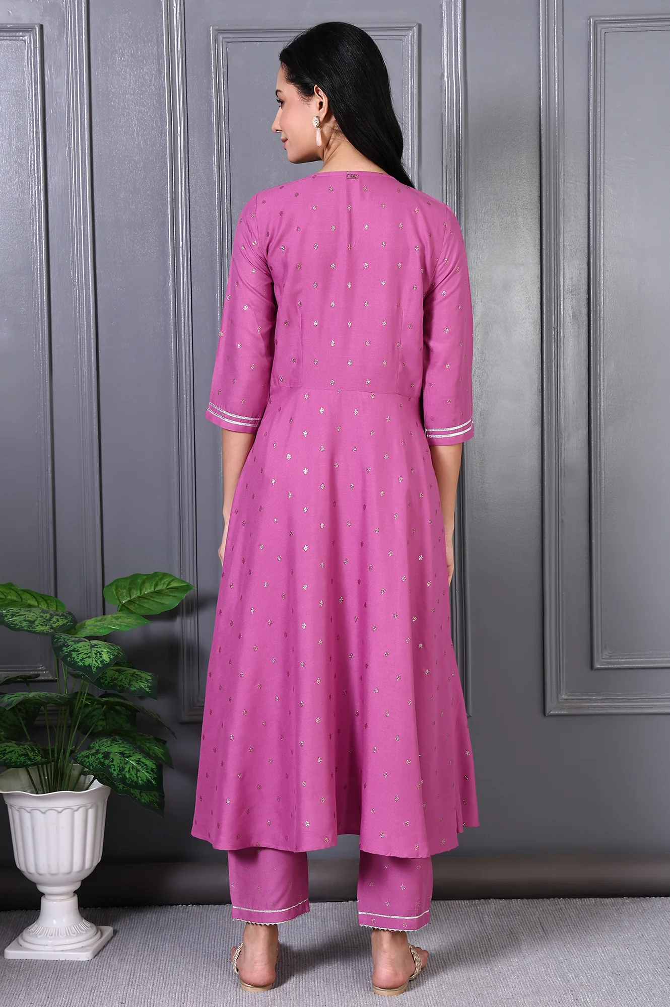 Purple Embroidered Glitter Printed Rayon Flared Kurta and Pants Co-ord Set - Image 6