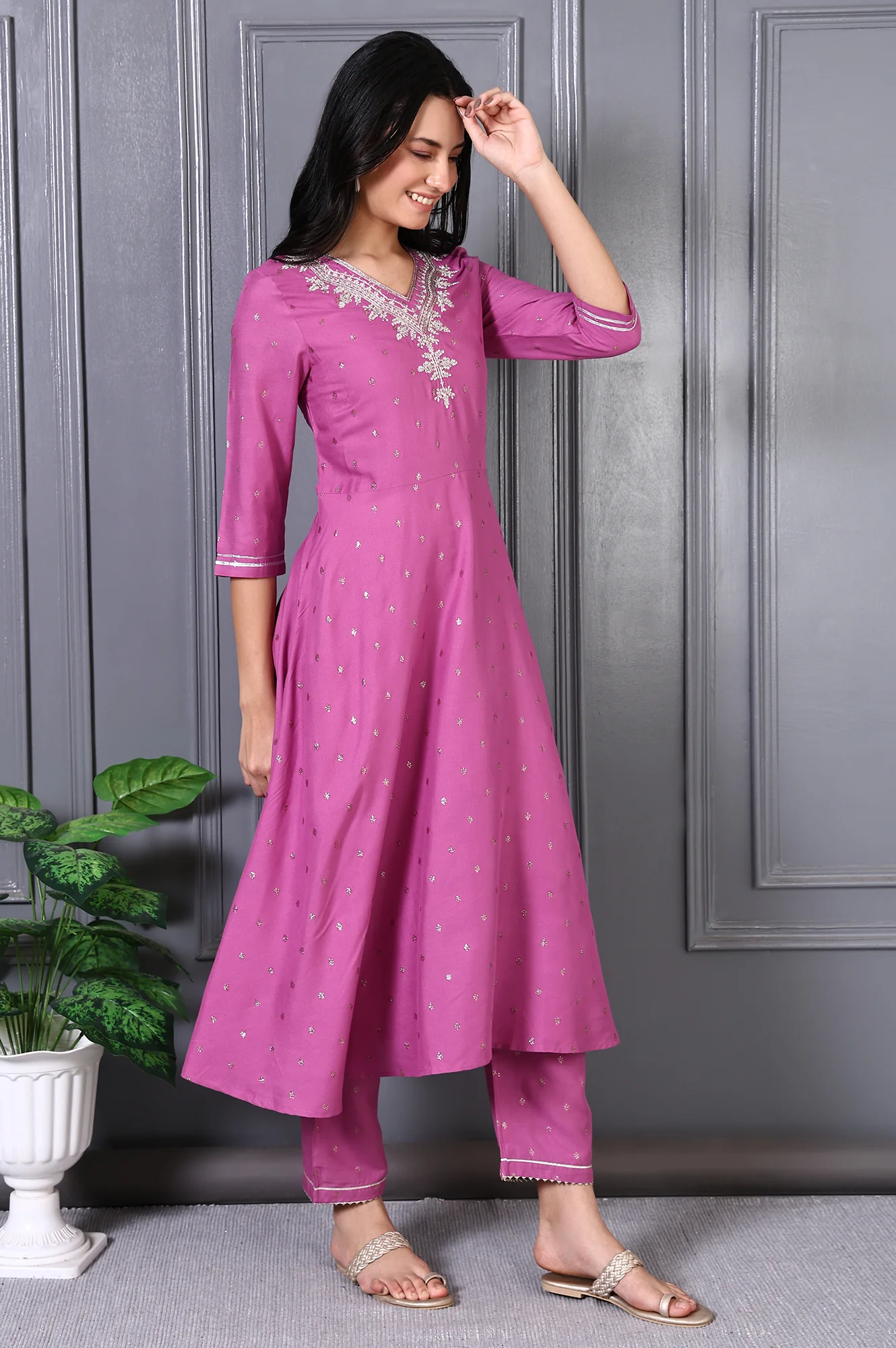 Purple Embroidered Glitter Printed Rayon Flared Kurta and Pants Co-ord Set - Image 7