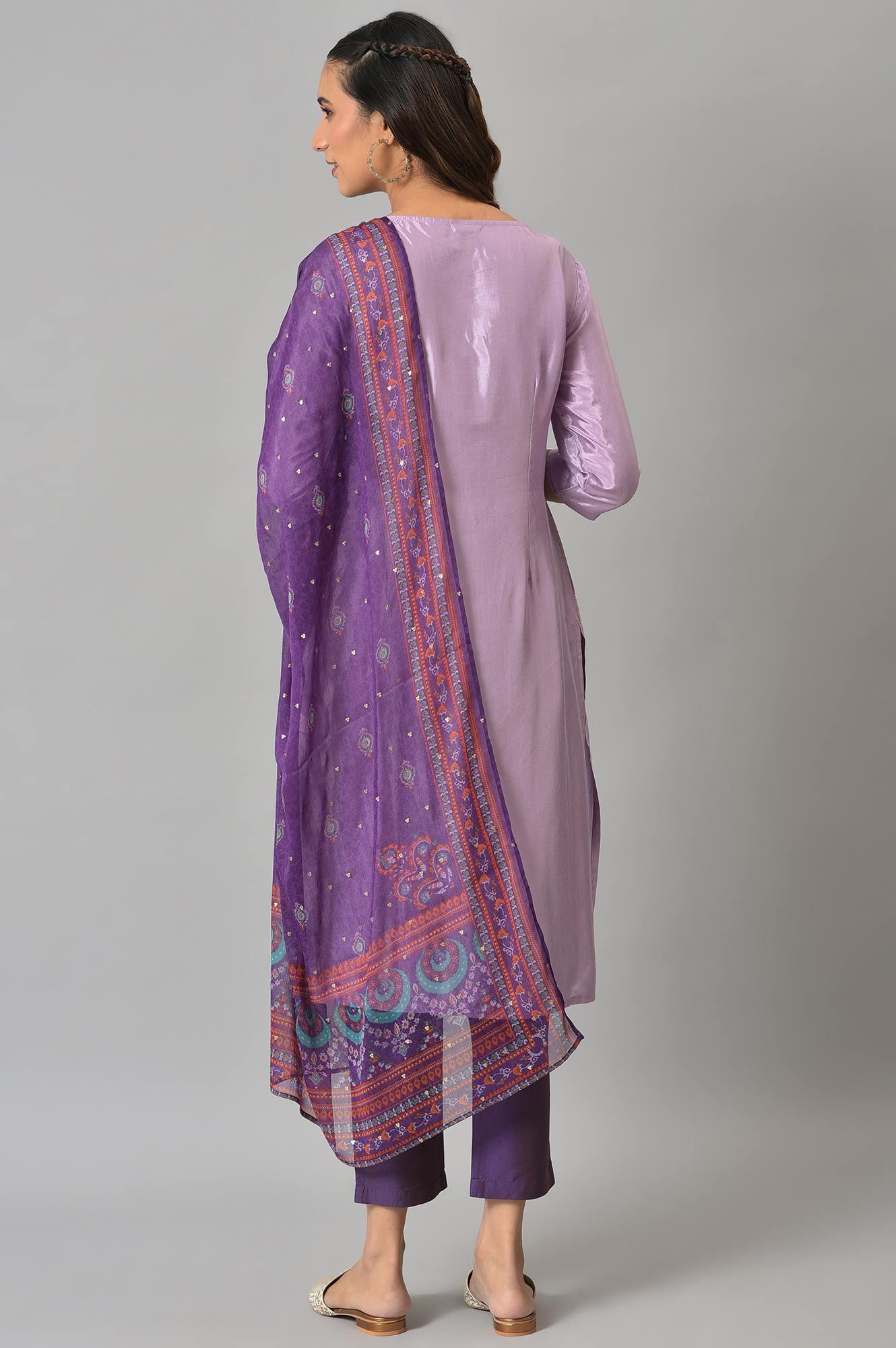Purple Embroidered kurta With Slim Pants And Printed Dupatta - Image 2