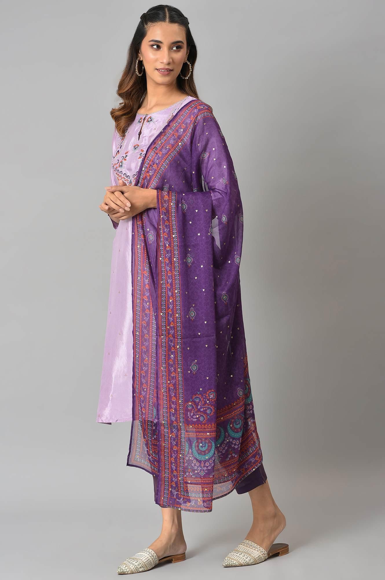 Purple Embroidered kurta With Slim Pants And Printed Dupatta - Image 3
