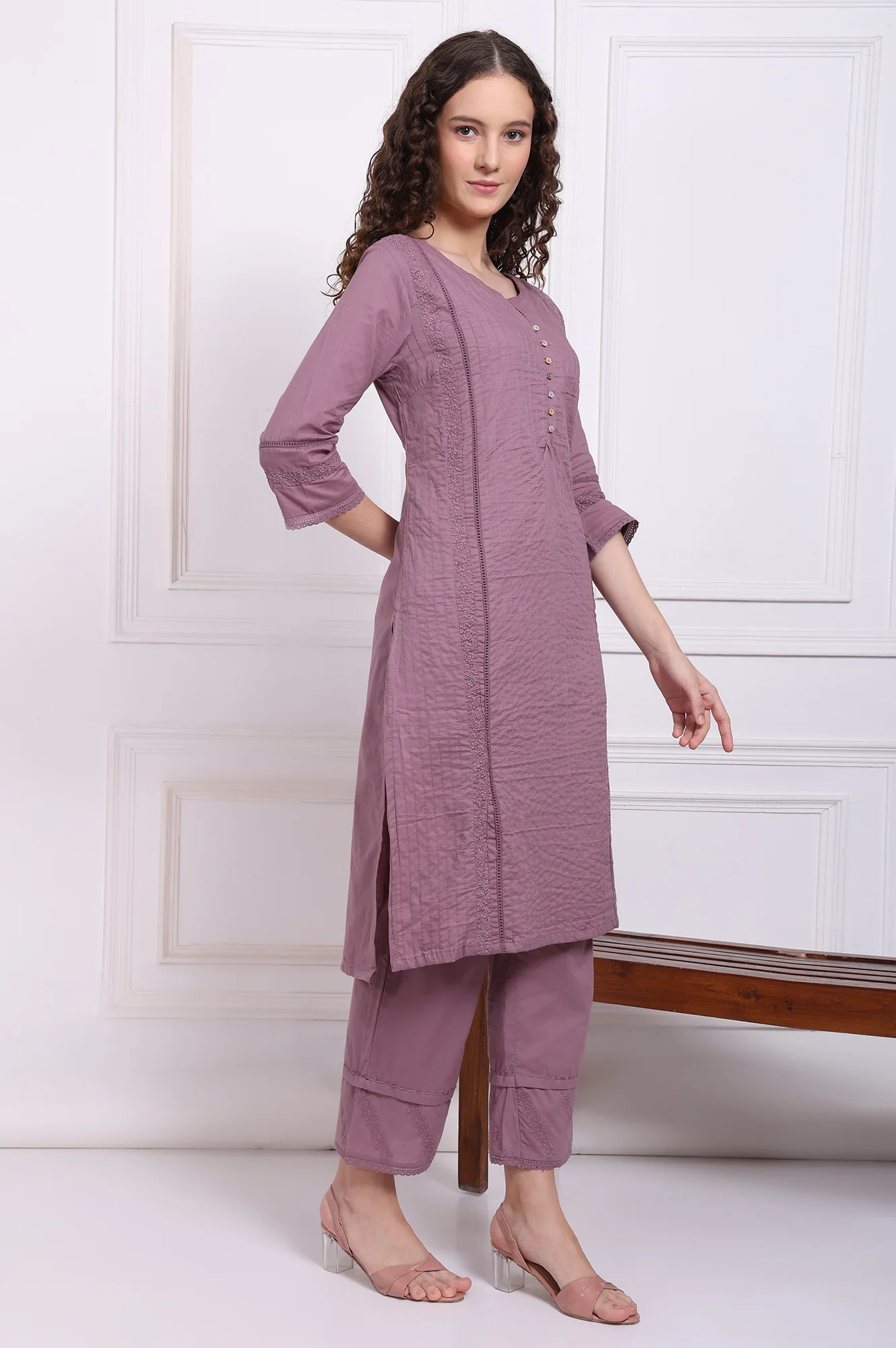 Purple Embroidered Pure Cotton Straight Kurta and Pants Co-ord Set - Image 6