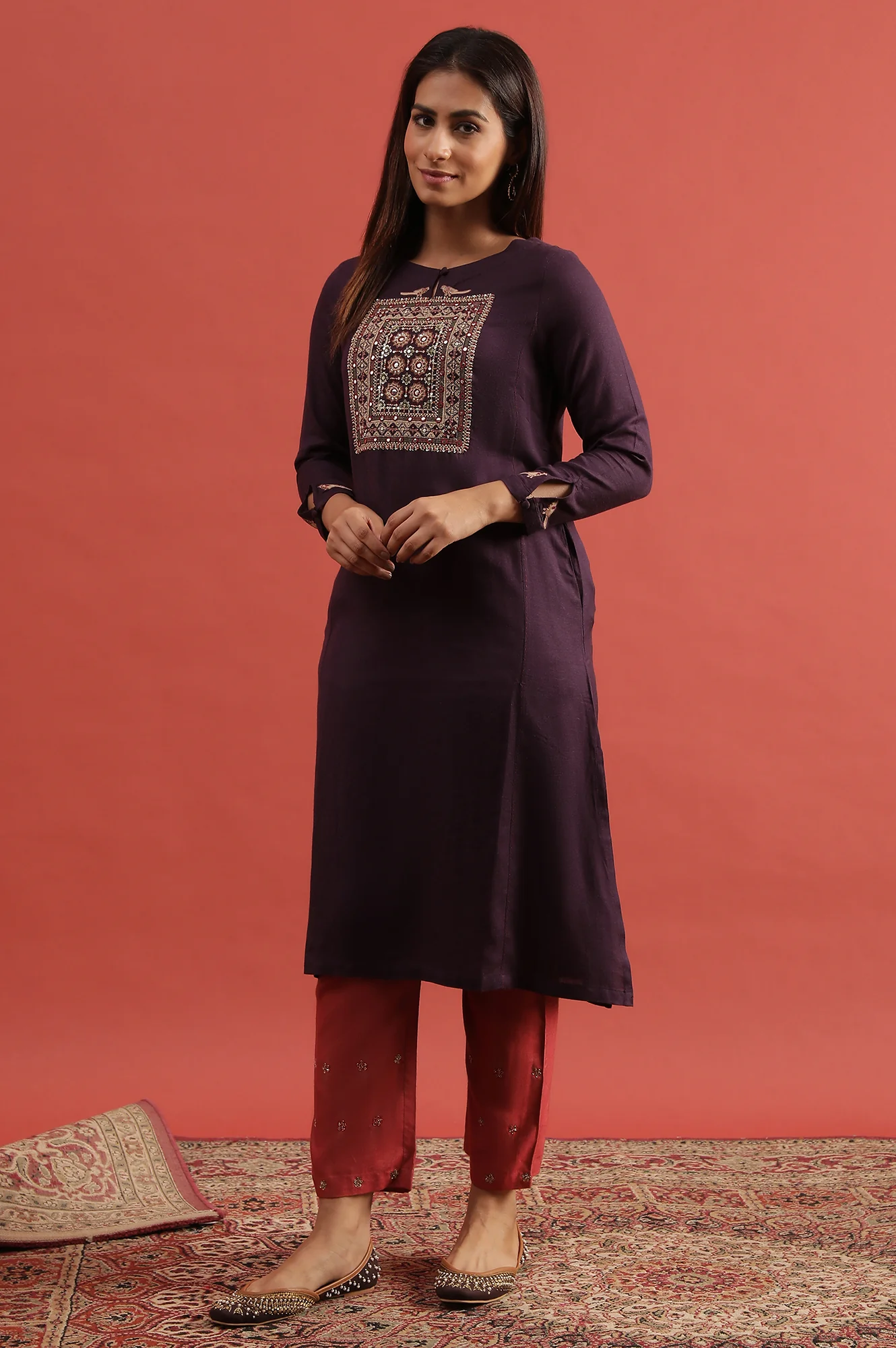 Purple Embroidered Rayon Flax Kurta - Image 2