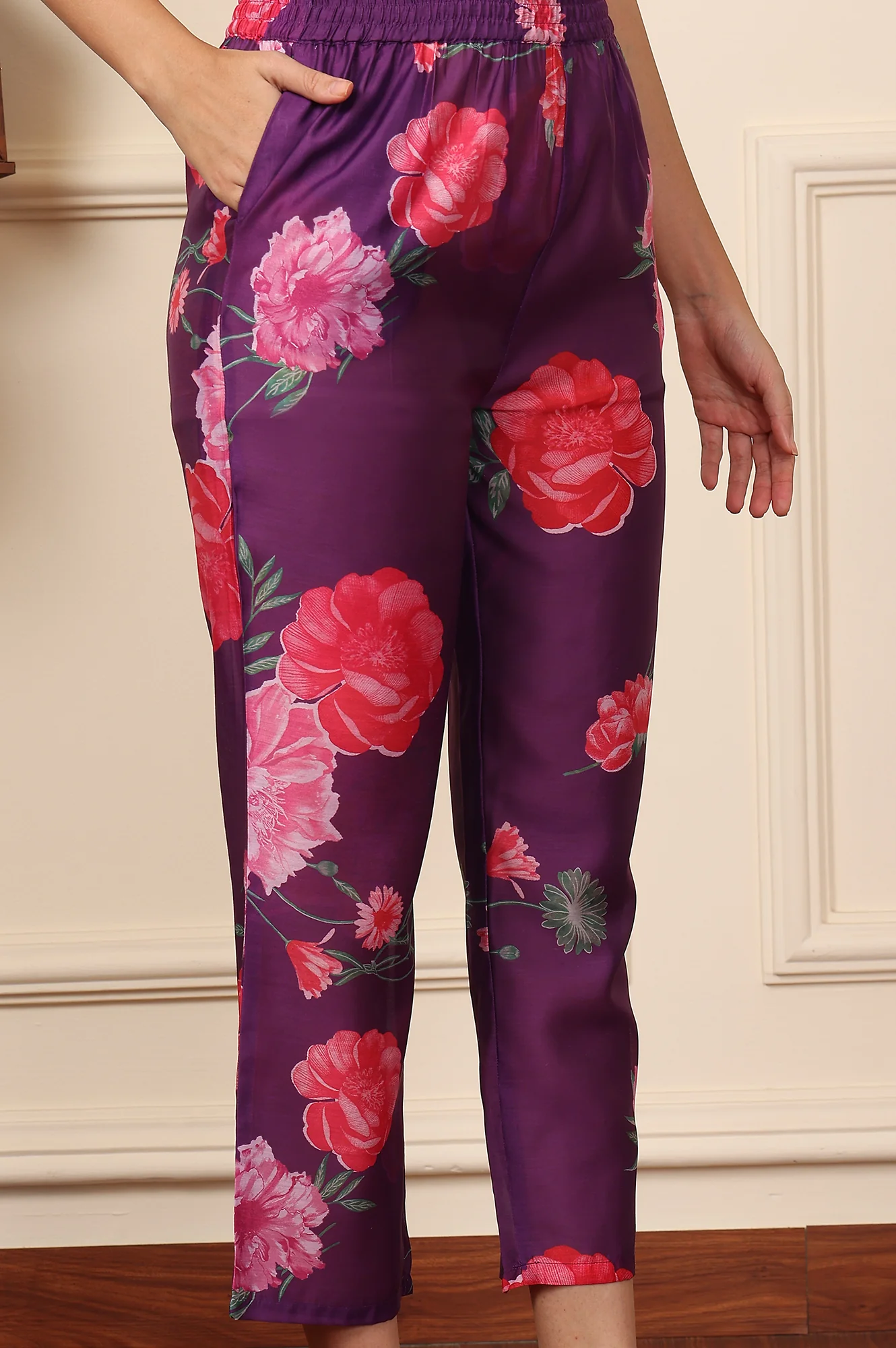 Purple Embroidered Yoke Chanderi Kurta, Pants And Dupatta Set - Image 9