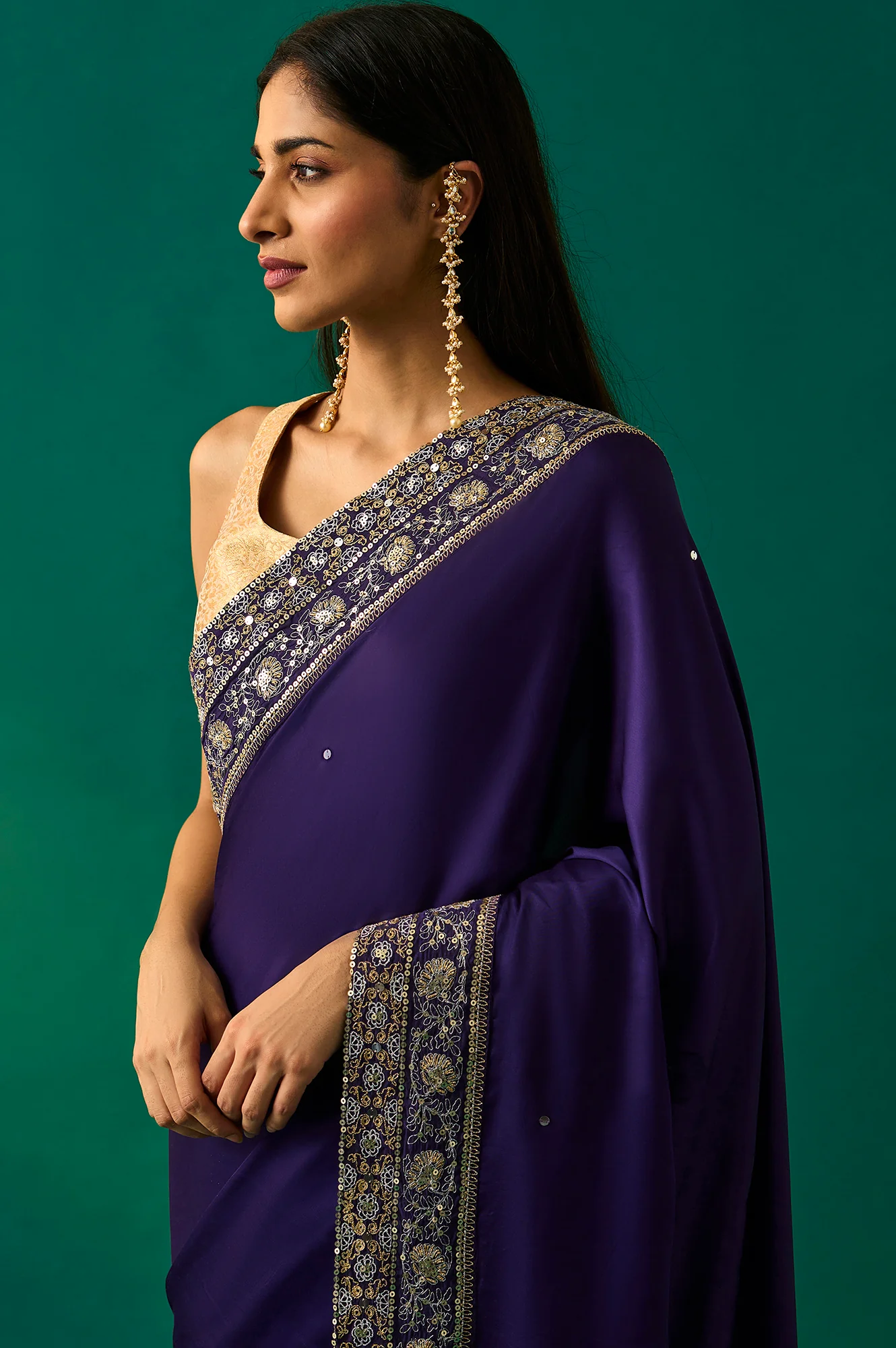 Purple Embroidered Zari Work Banarasi Satin Saree with Unstitched Blouse - Image 2