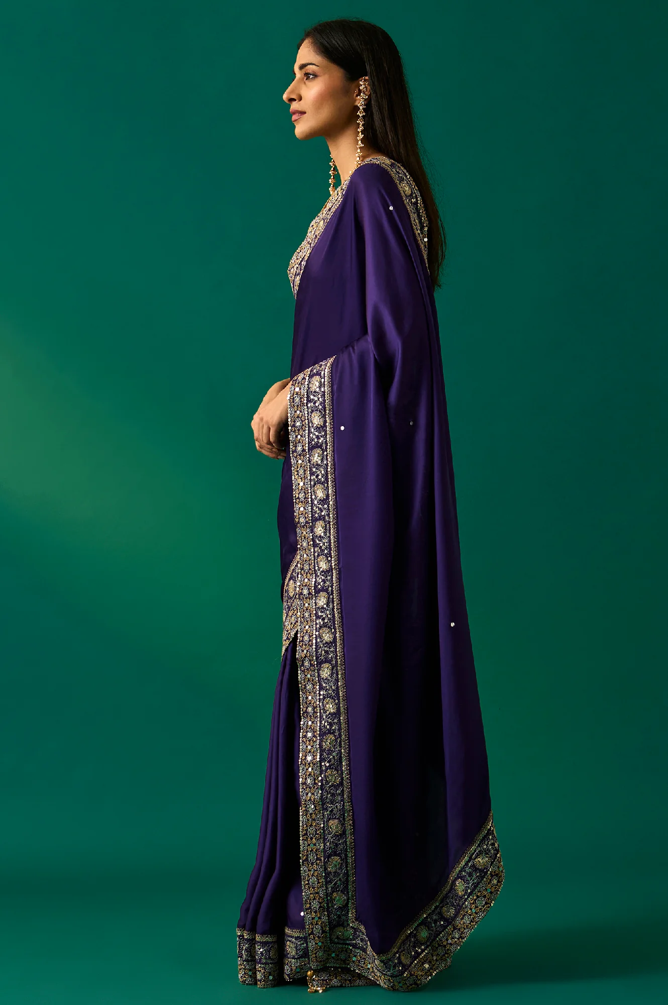 Purple Embroidered Zari Work Banarasi Satin Saree with Unstitched Blouse - Image 3